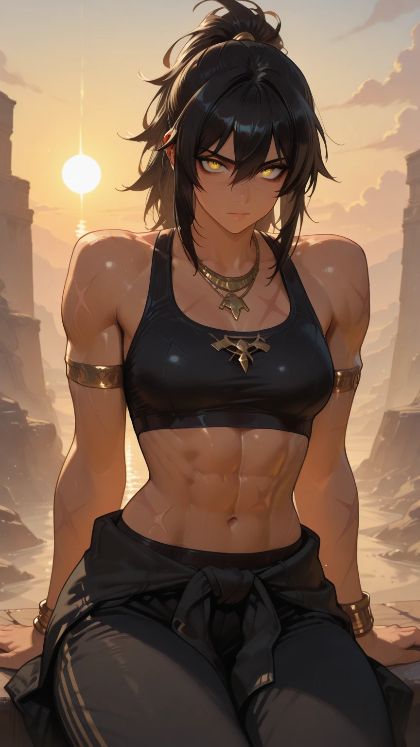 Aladdin, 20 years, cabello corto ????? dorado oscuro, cabello corto desordenado, ojos marrones oscuro, ropa de djinn, chaleco abierto sin mangas plata claro, light silver vest with blue Arabic print, light red arabic pants, Golden Belt, pulsera djinn con gemas plateadas , botas marrones, tatuajes morados fosforescentes, rodeado de fuego y humo morado, muscular build of the delegate, manos atadas con cadenas y pies rodeados de cadenas blancas, purple magic circles in each hand on a background of arabic ruins.