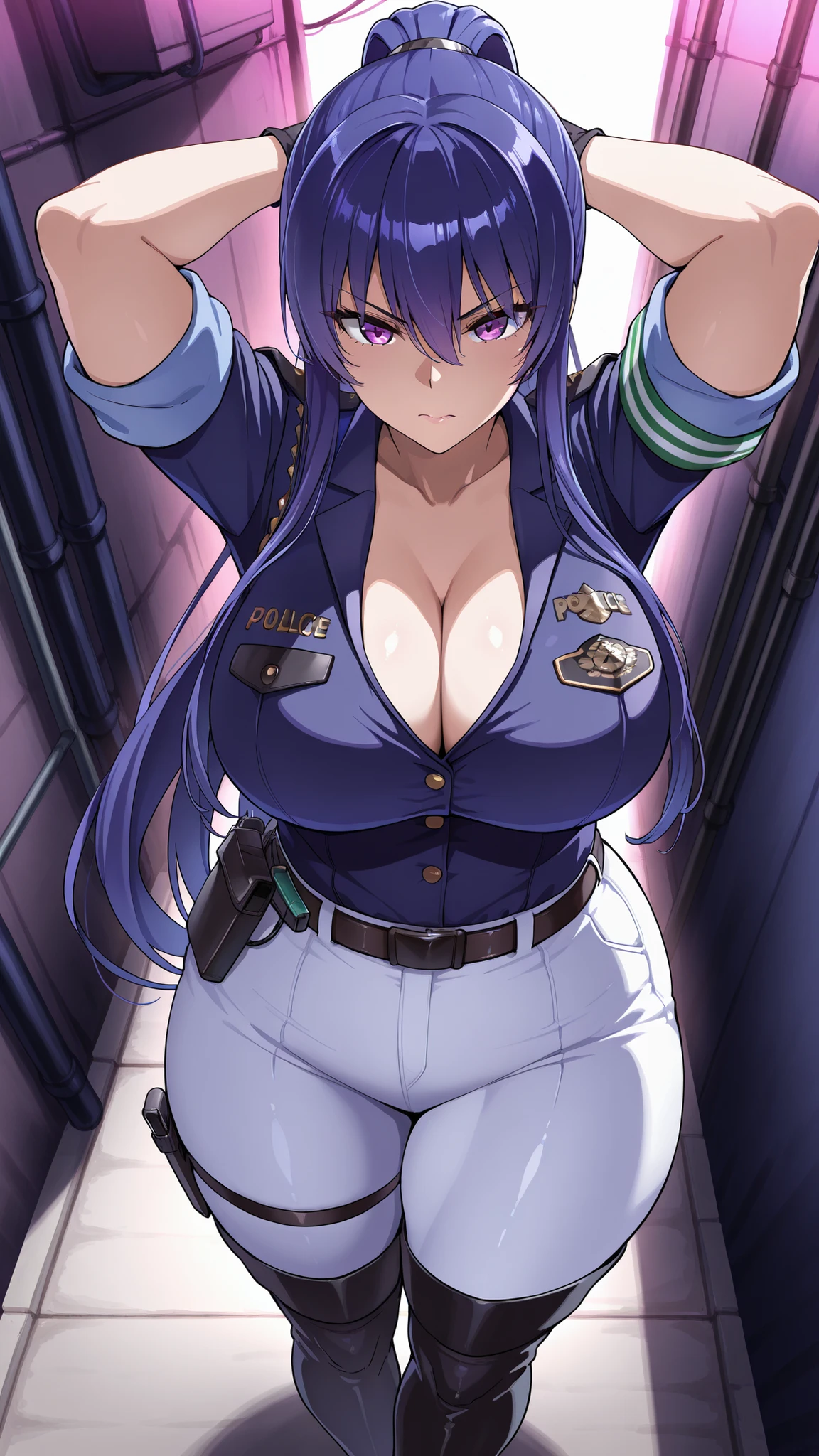 Dark Back Alley,from above,Akiyama Rinko(ponytail),policewoman,good-looking woman,serious face,White Pants,belt,black thigh-high boots,dark navy blue jacket with arms rolled up,Exposed Cleavage,black gloves,thick thighs,arms behind head