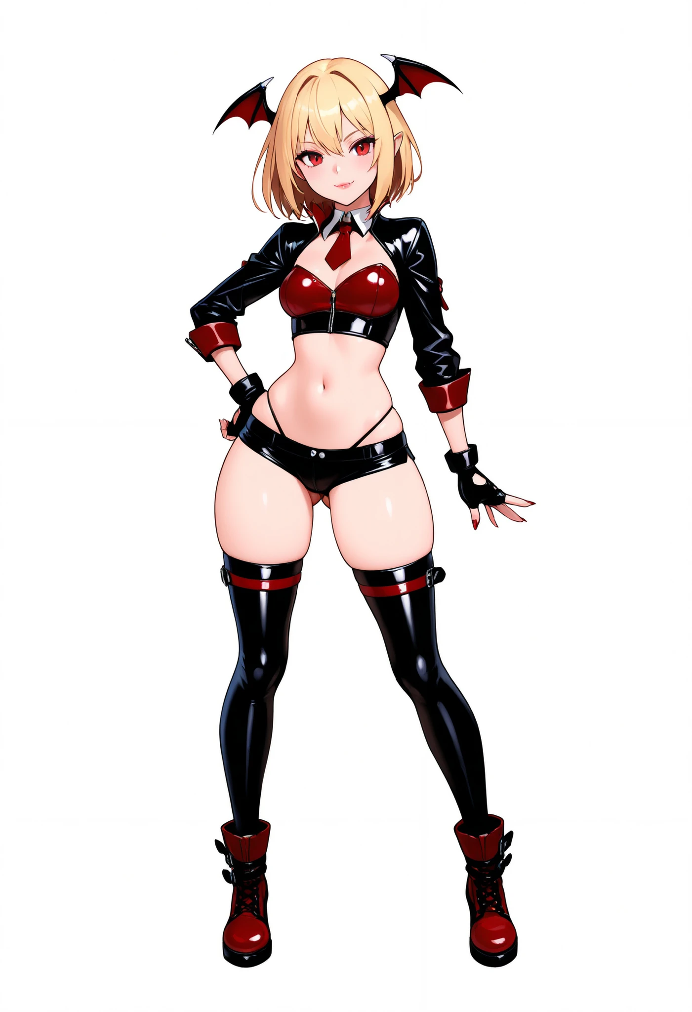 masterpiece, extremely high-quality art, sharp focus, detailed face, blank background, anime character design, solo, highly detailed apparel, vampire girl, lips, red and black leather outfit, thigh-highs, slim waist, big ass, tight shorts, midriff, fingerless gloves, g-string panties, gluteal fold