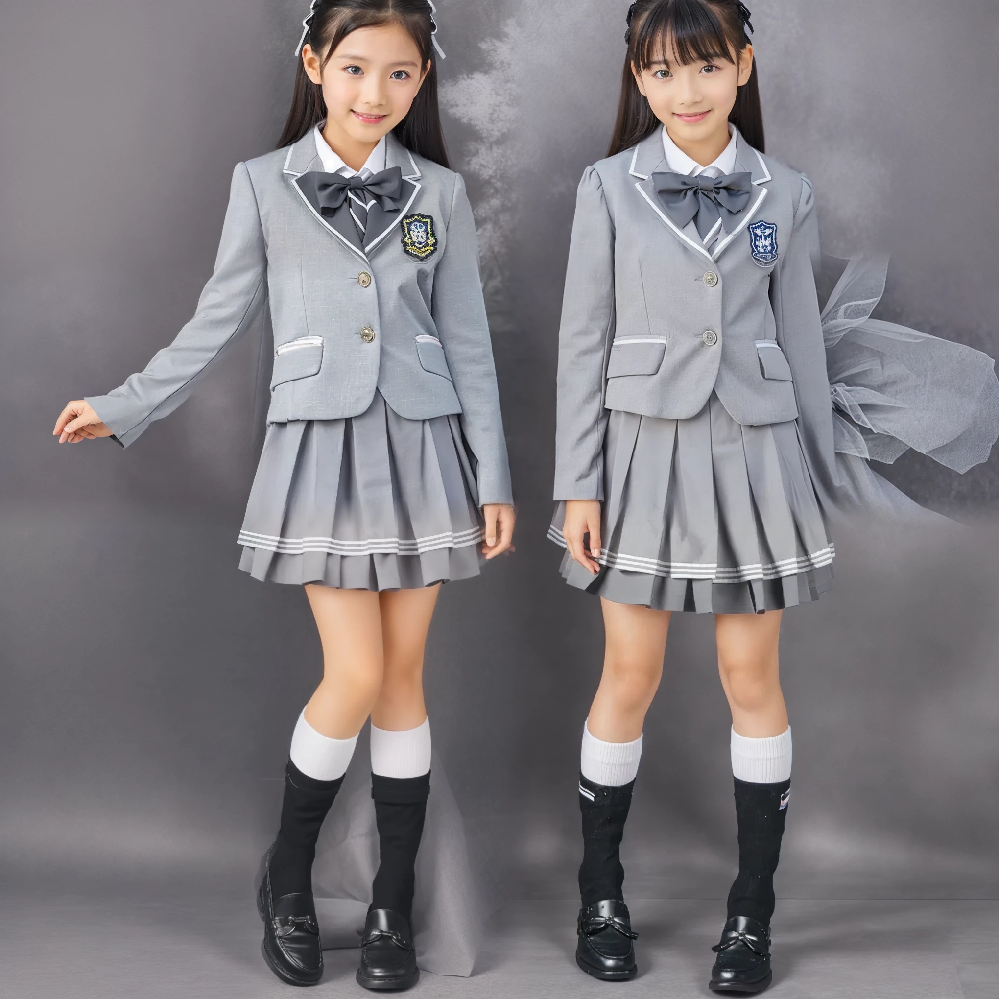 (8k,  Highest Quality, masterpiece,full body:1.2),   super high resolution,  complicated details,  1 Girl,  10 years old,beautiful faces, black long hair, grey school uniform  ,blazer after face,ribbon tie,pleated skirt that shifts the pan,ruffles and bows,loafers,