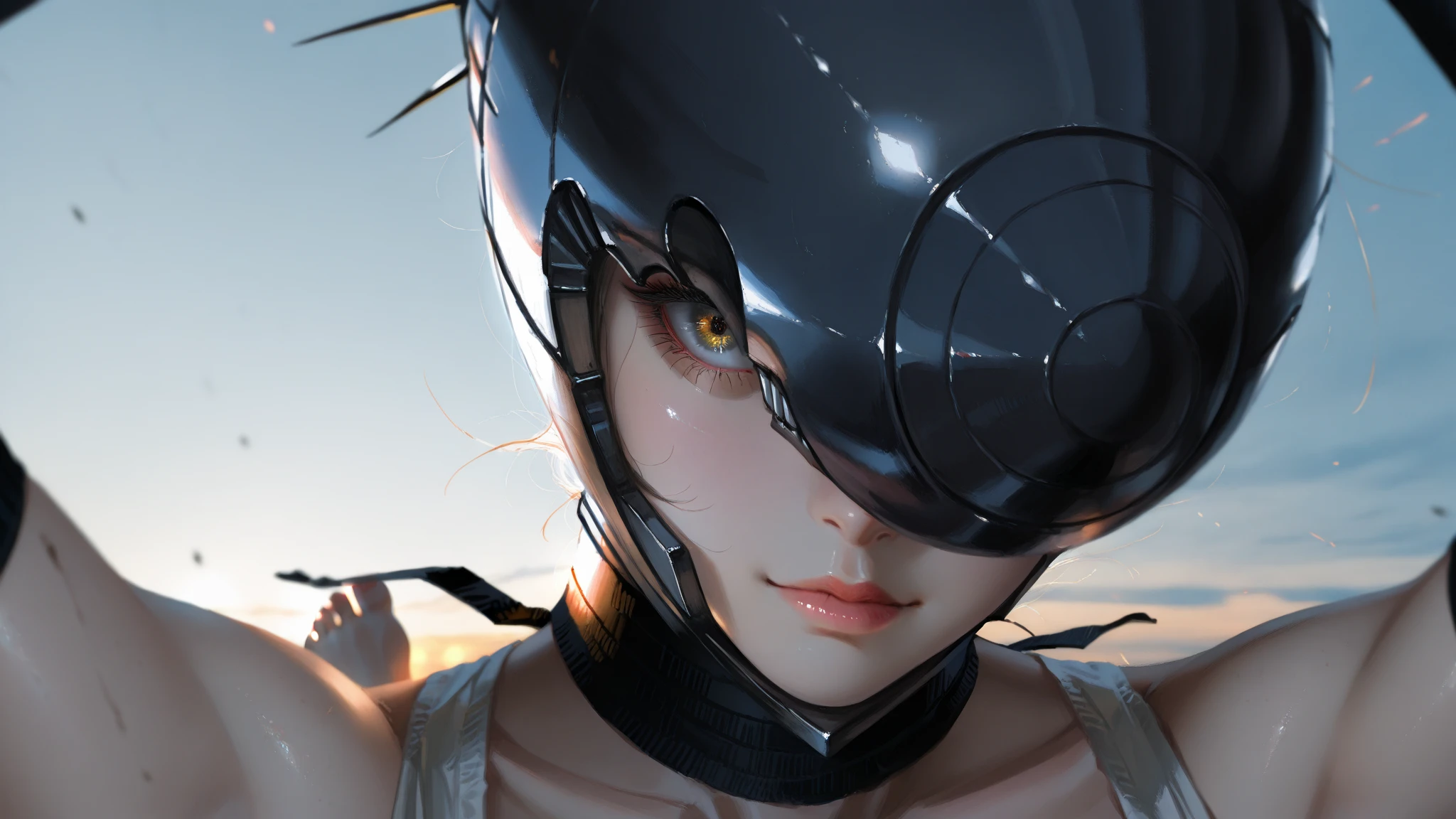 (Raw photo: 1.2), ((Photorealistic: 1.4)) Top quality masterpiece, very delicate and beautiful, highly detailed CG, Unity, 8k wallpaper, amazing, fine detail, masterpiece, highly detailed CG Unity 8k wallpaper, absurd, incredibly absurd, cute, highest quality, masterpiece, ultra high resolution, (photorealistic: 1.4), raw photo, beautiful lake, 12 year old girl, 12 year old girl, black hair, shiny skin, 1 cyborg girl, (ultra-realistic details)), portrait, global illumination, shadows, octane rendering, 8K, ultra sharp, big,   raw skin, metal, intricate ornament details, headset, hydraulic cylinder, very intricate details, realistic light, CGSoation trend, purple eyes, glowing eyes, facing the camera, neon details, mechanical limbs, blood vessels connected to tubes, mechanical vertebrae attached to the back, mechanical cervical attachment to the neck, sitting, wires and cables connecting to the head, evangelion, cyberpunk, small LED lamp,