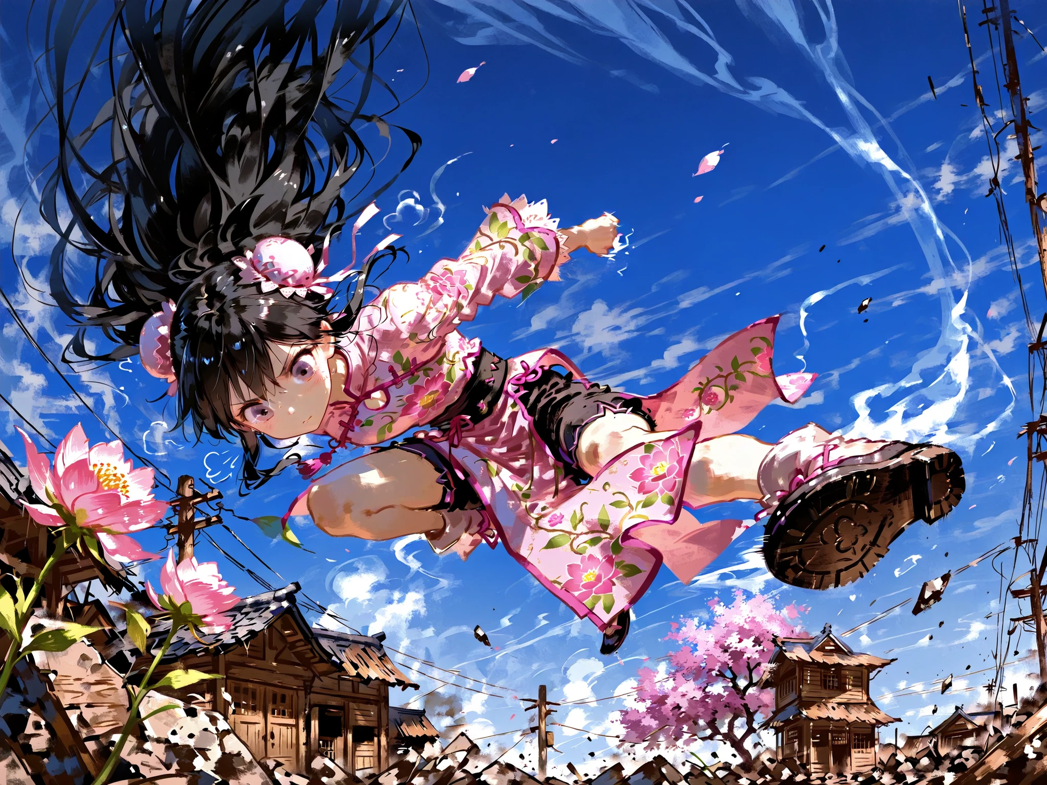 A young East Asian girl in a deep blue China dress with pink floral embroidery and black shorts strikes a low kung fu stance in the center of a narrow, dilapidated slum alley. Her long black hair flows dramatically in the wind, enhanced by swirling air currents and dust trails around her. The background features crumbling wooden buildings, tangled power lines, and scattered debris. A patch of resilient sunflowers grows amidst the rubble. The lighting is golden and warm, suggesting afternoon sunlight filtering through the haze. The scene combines dynamic action with urban decay, evoking both determination and beauty.