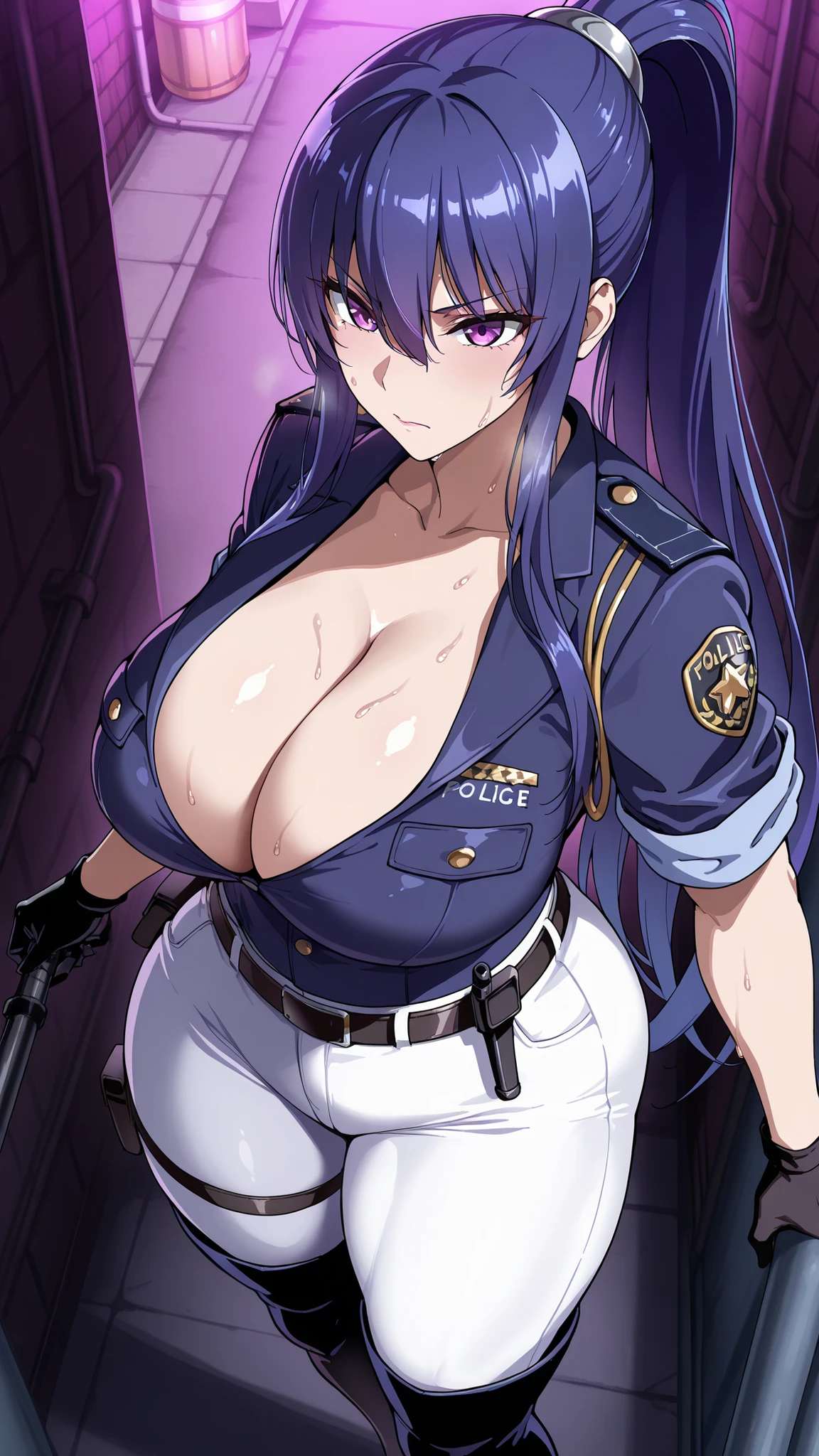 Darkness,Dark Back Alley,from above,Akiyama Rinko(ponytail),policewoman,good-looking woman,serious face,White Pants,belt,black thigh-high boots,dark navy blue jacket with rolled up sleeves,Exposed Cleavage,black gloves,thick thighs,sweat,