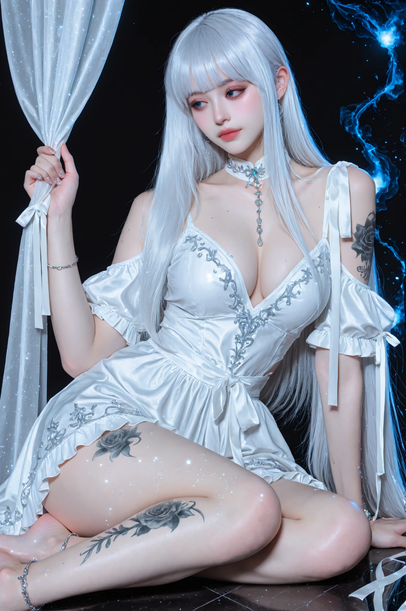 （（tmasterpiece：1.4，Best quality））+，（hyper-detailing）+，（Ultra-detailed eyes）+， （Elegant 1 girl），blue color eyes：1.15），white color hair，Very long hair，（wariza：1.2），pale-skinned，shut up，grieves， （She wore a dress made of entangled blue vines：1.5），（flatchest：1.2），（vine dress：1.4），（Dress made of vine：1.2），（Surrounded by vines：1.4）， （be desperate：1.3），Gotik， （Blue vines：1.3），leafs，（Vine tree：1.1），Flying blue butterfly （dawn light：1.2）， （Thick black and white：1.16），（depth of fields：1.4），