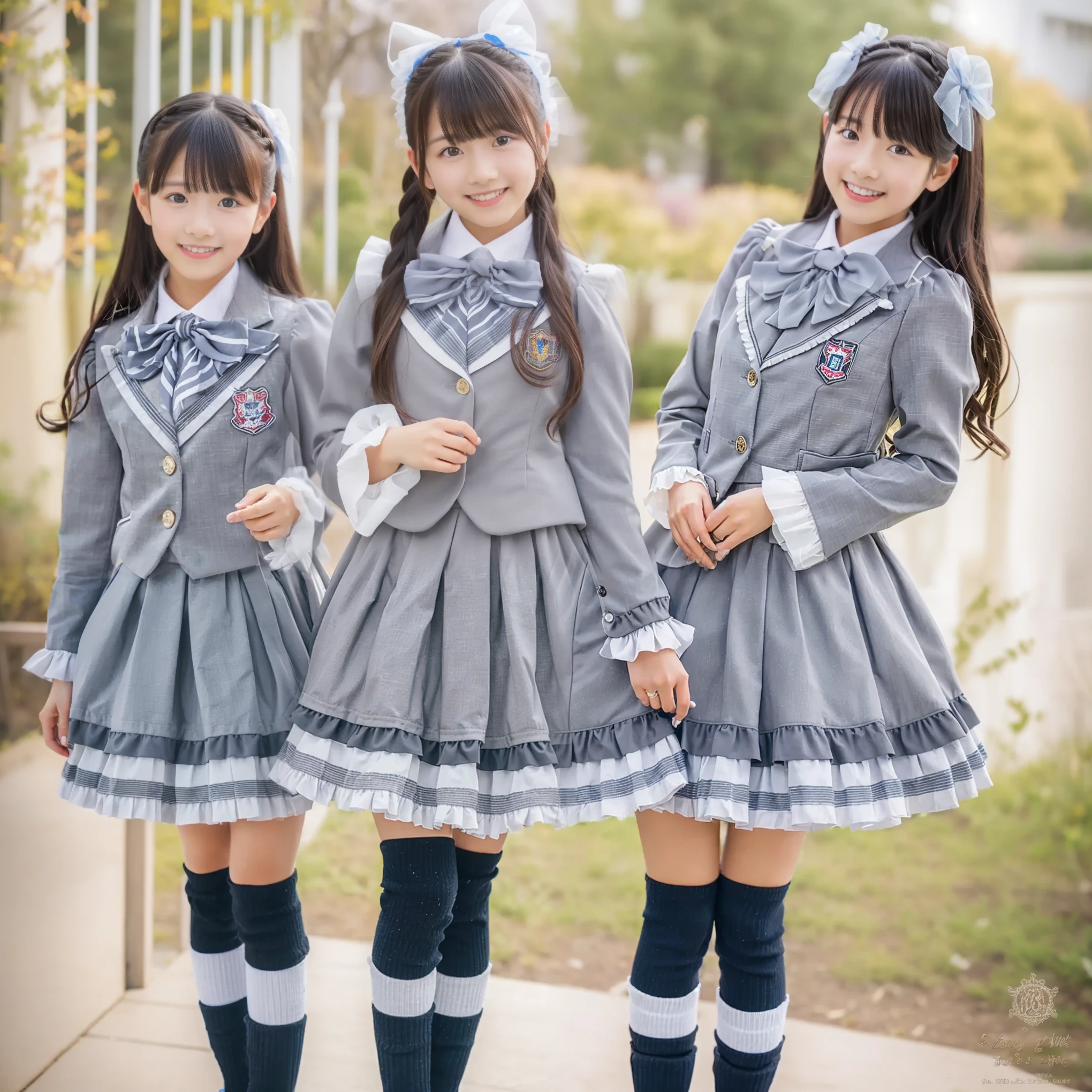 (8k,  Highest Quality, masterpiece,full body:1.2),   super high resolution,  complicated details,  1 Girl,  10 years old,beautiful faces, long hair, gray school uniform decorated with ruffles and ribbons ,As cute as an idol costume,blazer after face,ribbon tie,Puff Sleeves,long sleeve,ruffle sleeve,pleated skirt that shifts the pan,ruffle skirt,ruffle socks,long sleeve,loafers,