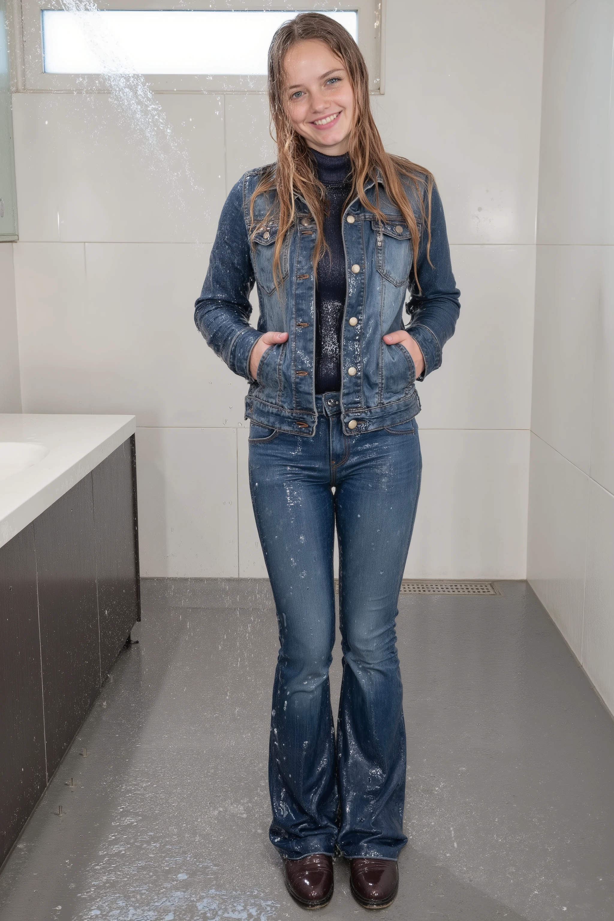 Uncensored, A girl with very wet long blonde hair, in the rain, soaking wet hair, very attractive 20-year old girl, seen right from the front, enjoying being all wet, very long hair, her hair dripping and sticking, standing with legs spread and hips pushed forward, in a big bathroom, well lit with windows, standing under a running shower, her hair right under the spray, smiling to the viewer, showing her teeth, perfect proportions, perfect figure, blue eyes, faded blue denim jacket with pockets, tight faded blue Lois jeans with flares, a dark blue sweater tucked in, dark brown leather boots, , completely soaking wet, wet hair, waterlogged clothes, soaking wet, wet, wetlook