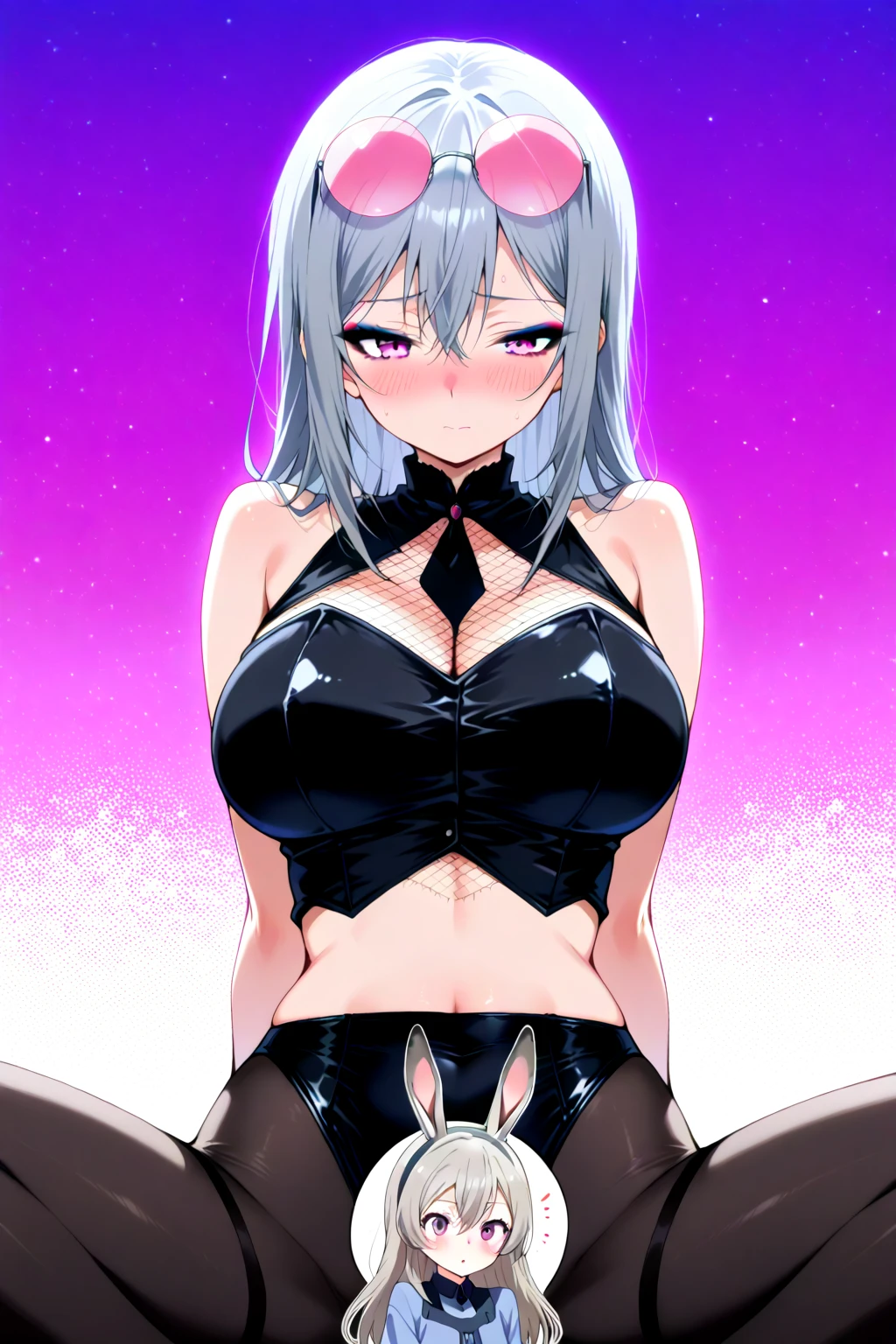 ((masterpiece)),((best quality)),(ultra-detailed),(an extremely delicate and beautiful),detailed backgroud, ((((1woman,tall stature)))and(((1shota boy,short stature)))),((((hetero)))),(height difference),(((wrestling ring))), (1woman),((((silver wolf/(Honkai:star rail/)))),(curvy:1.4),(????????????), pale skin,shiny skin, long hair,ponytail ,drill hair,hair between eyes, eyewear on head, navel, midriff,((She wears jacket, black jacket, sunglasses, gloves, black gloves, fingerless gloves, shorts,black shorts, shirt, white shirt, choker, crop top, fur trim)),(rolling eyes:1.4),(??????),(trembling),clothing aside, ???????,??? ???????????, standing ???, ?????????, grab her arms, ((((motion lines)))), vulgarity, clothed,(??? in ?????:1.4),??? on clothes,??? on ???????,??? in mouth,??? on hair,(excessive ???:1.4), ((((1shota boy)))),(petite),?????,dark-skinned shota boy,interracial,