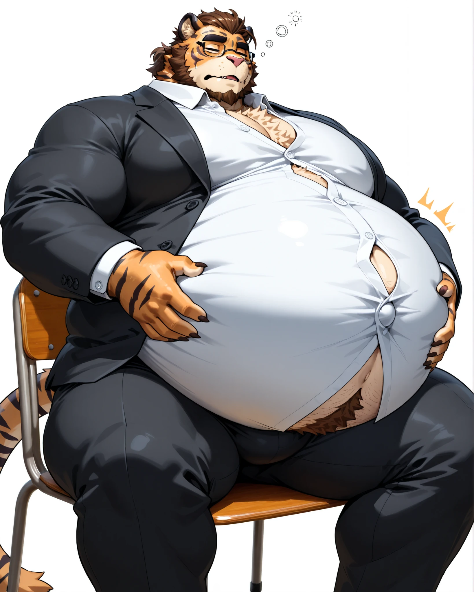 obese furry tiger man, middle-aged,, suit, plump ,Japanese,fluffy fur, slicked back hair, teacher, glasses,Shirt buttons open, ,big pregnant belly, pregnant man,tired face,sit on chair, big thighs,man with big fat chest, rub belly, shaved beard ,high resolution,high quality,HD,8K,3D,huge pecs,