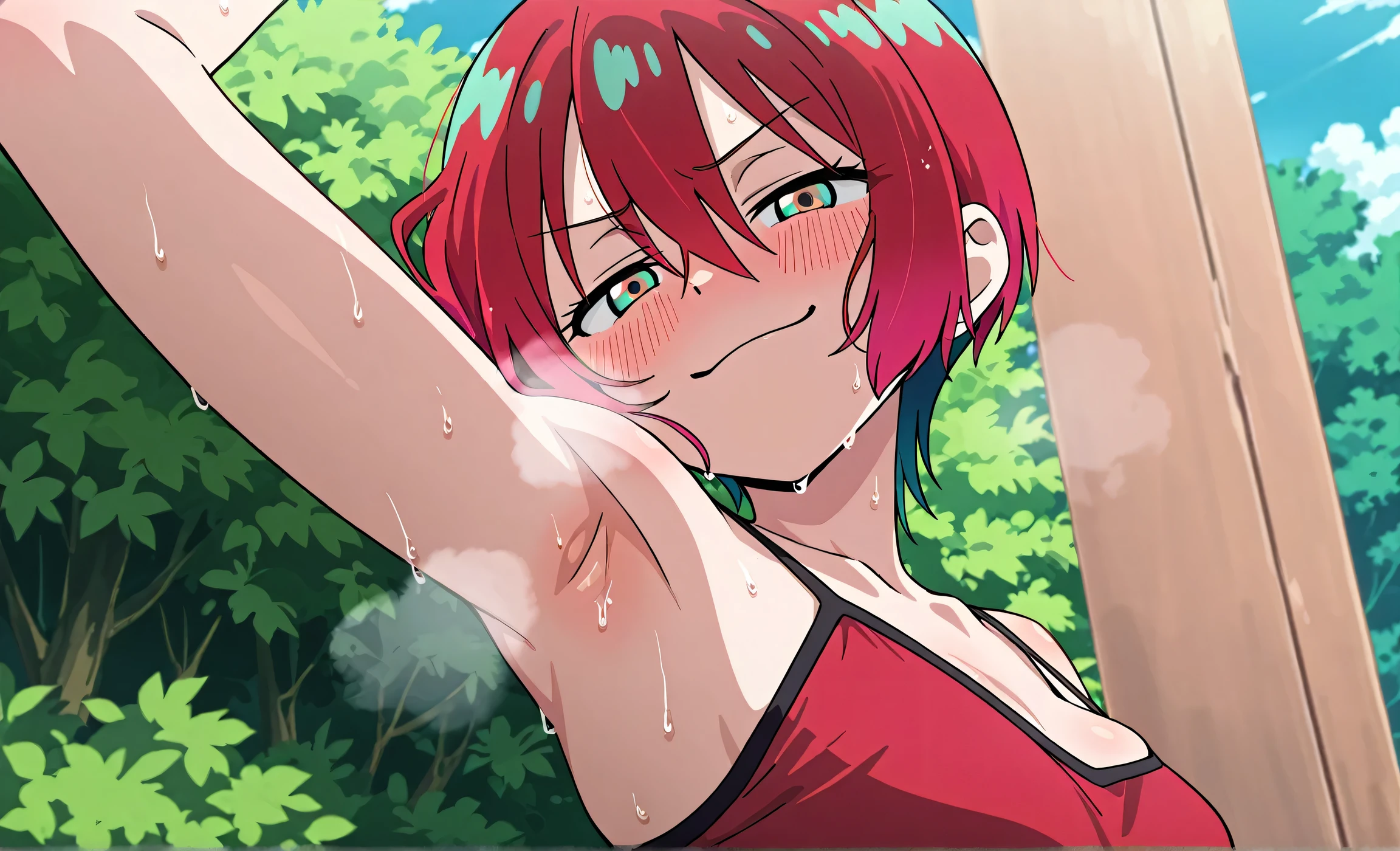 masterpiece, best quality, amazing quality, anime screencap, anime coloring, 1girl, solo, amate yuzuriha, short hair, red hair, aqua eyes, multicolored eyes, small breasts, red camisole, spaghetti straps, skindentation, (sweaty:0.7), steamy, red armpit, arm up, raised arm, armpit, armpit focus, head towards viewer, looking at viewer, evil smile, smug, half-closed eyes, blush, closed mouth, outdoors, day, from side, from below,