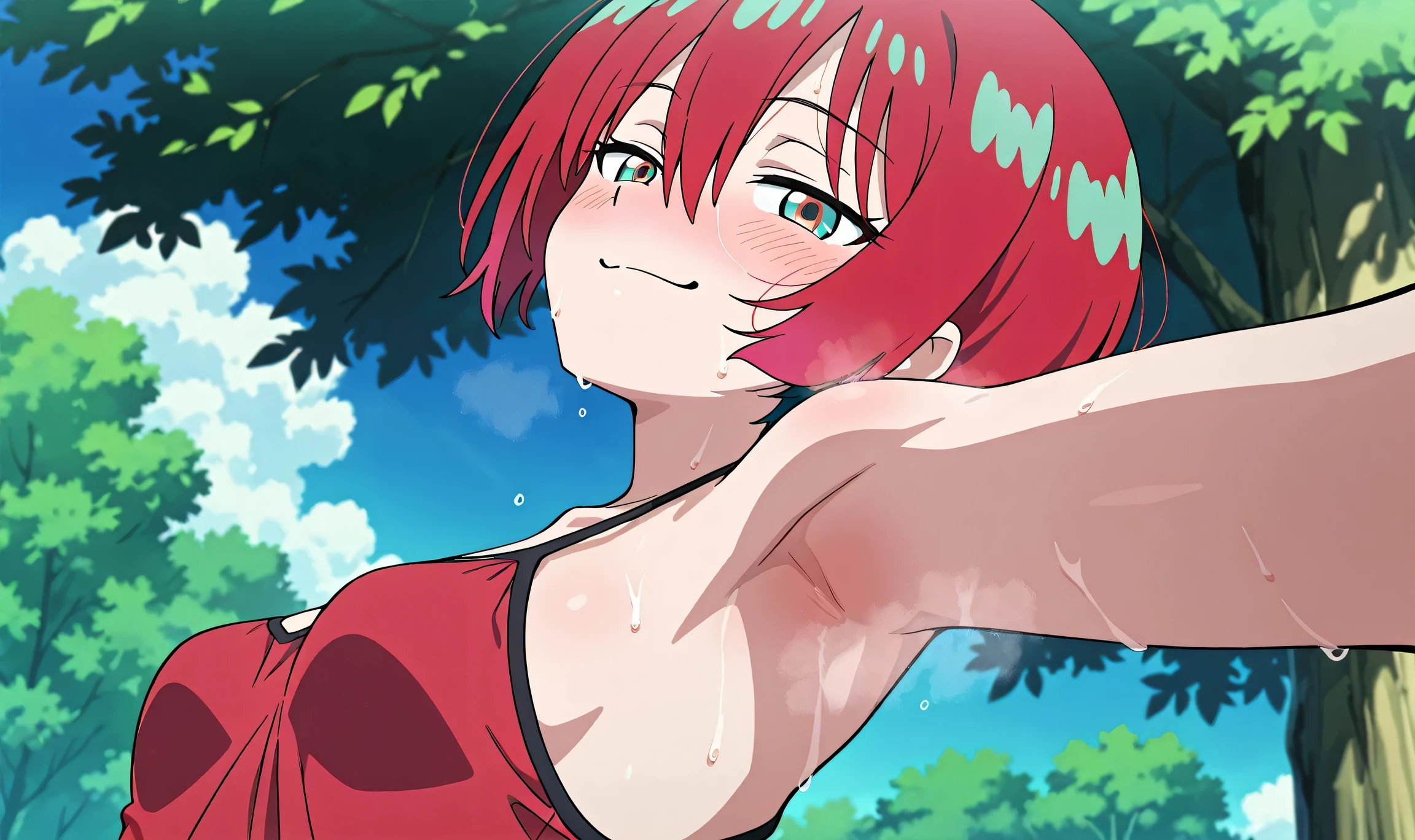 masterpiece, best quality, amazing quality, anime screencap, anime coloring, 1girl, solo, amate yuzuriha, short hair, red hair, aqua eyes, multicolored eyes, small breasts, red camisole, spaghetti straps, skindentation, (sweaty:0.7), steamy, red armpit, arm up, raised arm, armpit, armpit focus, head towards viewer, looking at viewer, evil smile, smug, half-closed eyes, blush, closed mouth, outdoors, day, from side, from below,