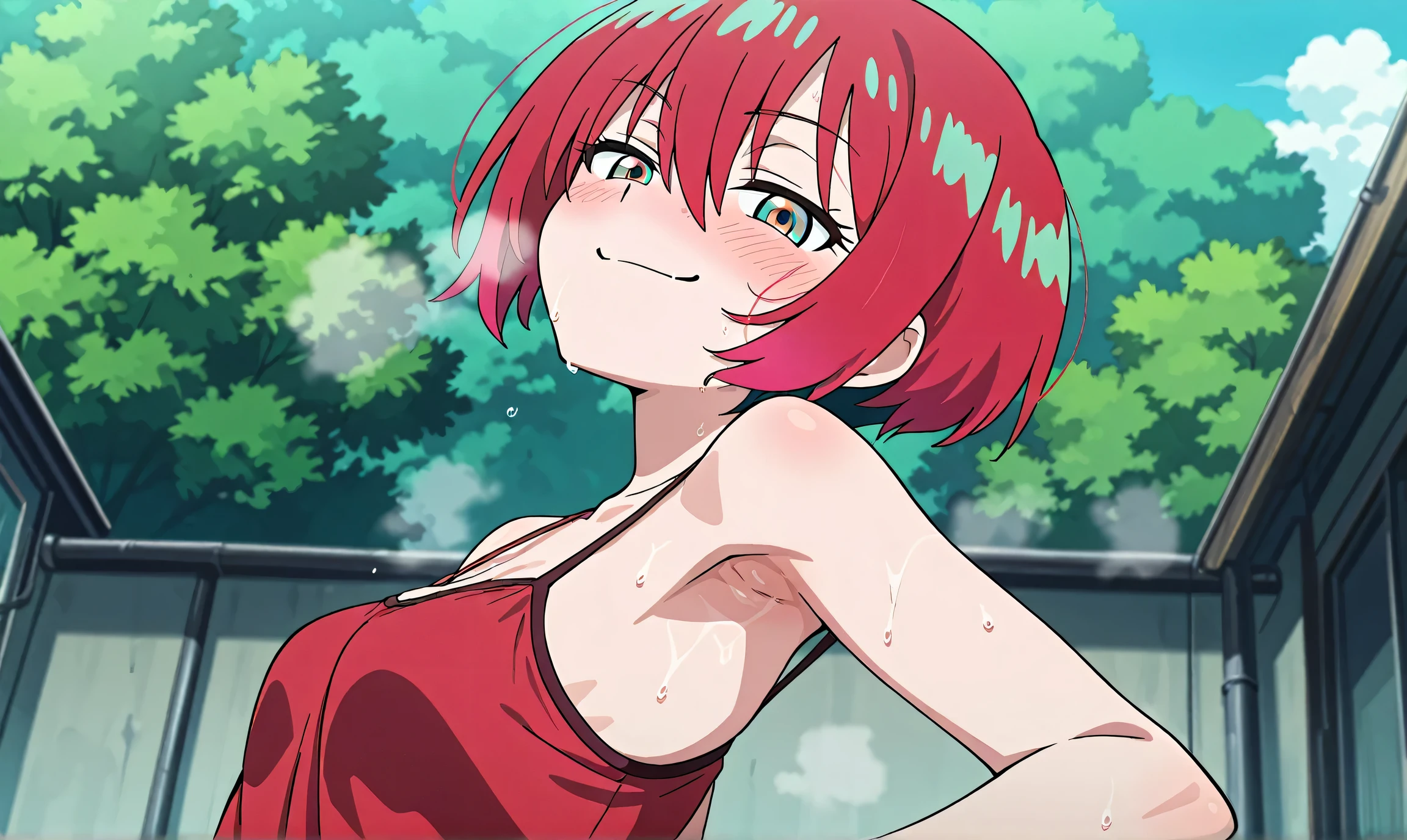 masterpiece, best quality, amazing quality, anime screencap, anime coloring, 1girl, solo, amate yuzuriha, short hair, red hair, aqua eyes, multicolored eyes, small breasts, red camisole, spaghetti straps, skindentation, (sweaty:0.7), steamy, red armpit, armpit, armpit focus, head towards viewer, looking at viewer, evil smile, smug, half-closed eyes, blush, closed mouth, outdoors, day, from side, from below,