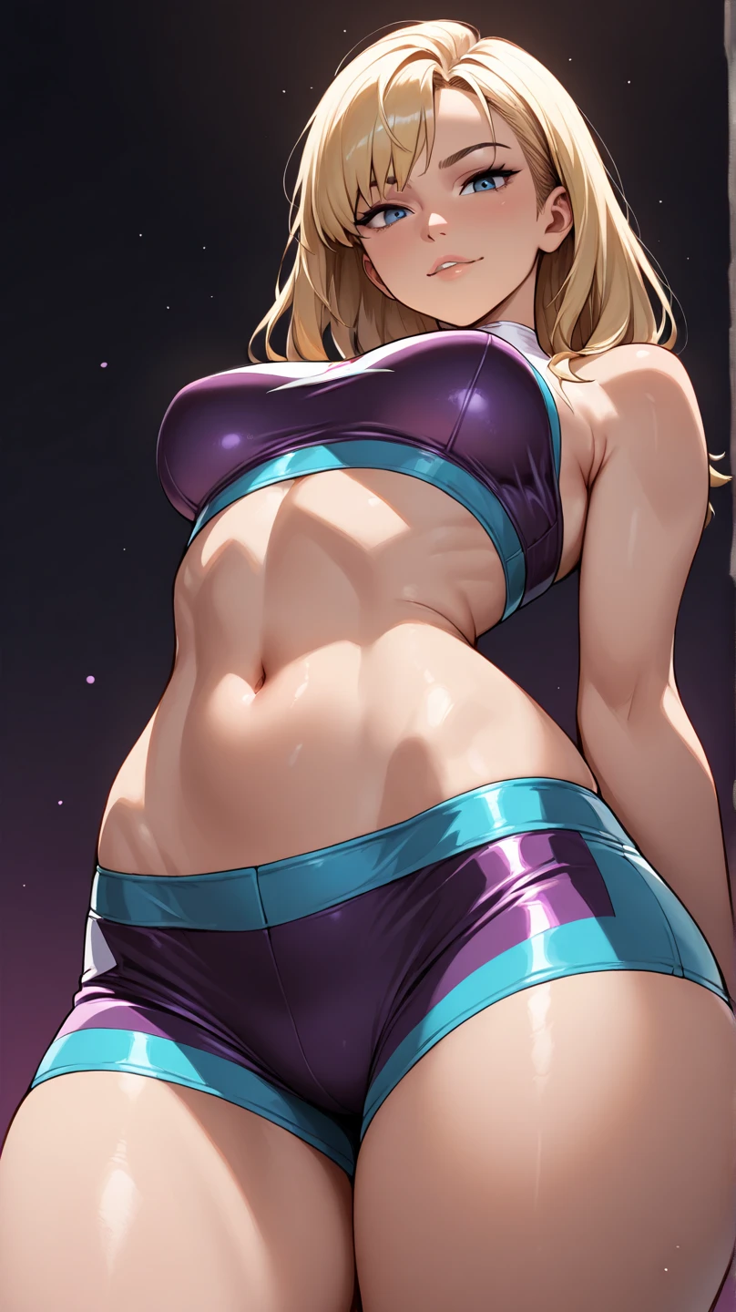 Mystical charming wizard white athletic woman(((backside bakcview))).Blonde,blue eyes,purple luxury short bikini(two pieces).Dynamic posture.Surrounded of lighting sacred geometry in an astral world background,natural claroscuro light,amazing portrait,8k,UHD