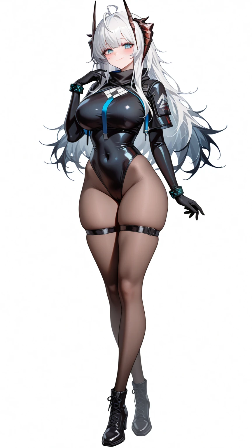 combatant girl, wide , full body, standing, revealing clothes, curvy, , dark skin, silver hair, ponytail hairstyle, , mask, hat, white background, militar salute, leotard