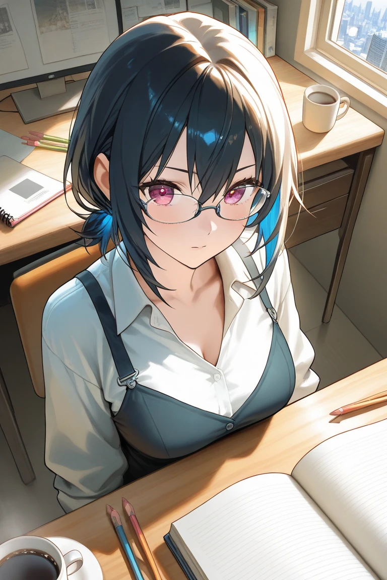 ((masutepiece)), ((Best quality)), (Ultra-detailed), ((kawaii)), Cute, (lovly), (()), (), ((Extremely detailed)), 4K, (8K), Best quality, (Beautiful), Illustration, Anime style, Painting, Dynamic Angle, Upper body, Gradation, Office, personal computers, in the room, Cute little girl s, 1girl in, Solo, Suit, Beautiful black hair, Beautiful black eyes, ((Beautiful eyes)), White-skinned, Short hair, large full , Glasses, neck tie, tie, Cool, grin, blush, sparkling effect, Lens Flare, shiny-glistening, gleaming