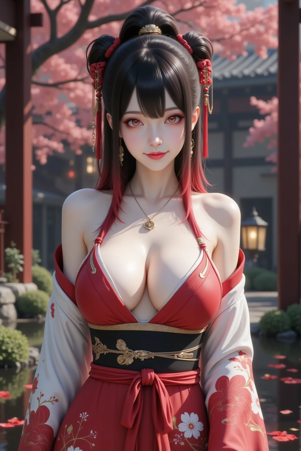 1 girl,standing posture,((looose kimono)), outdoor,elegant,shiny skin,( huge breasts),cleavage, red lips,( tattoos:1.3), masterpiece, best quality, realistic , 8K,Portrait art,solo,  elise,