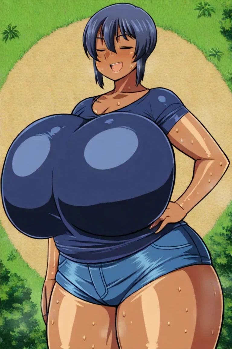High resolution, Dragon Ball, Bulma, 1girl, ((bimbo))), short blue hair, blue eyes, puffy lips,  thick lips, wide , thick thighs, enormous fake , huge ,  flirty face, shiny skin,  legs,  squeezed together, white micro , jungle, looking down, , perky , full body, beach, sweat, training, 