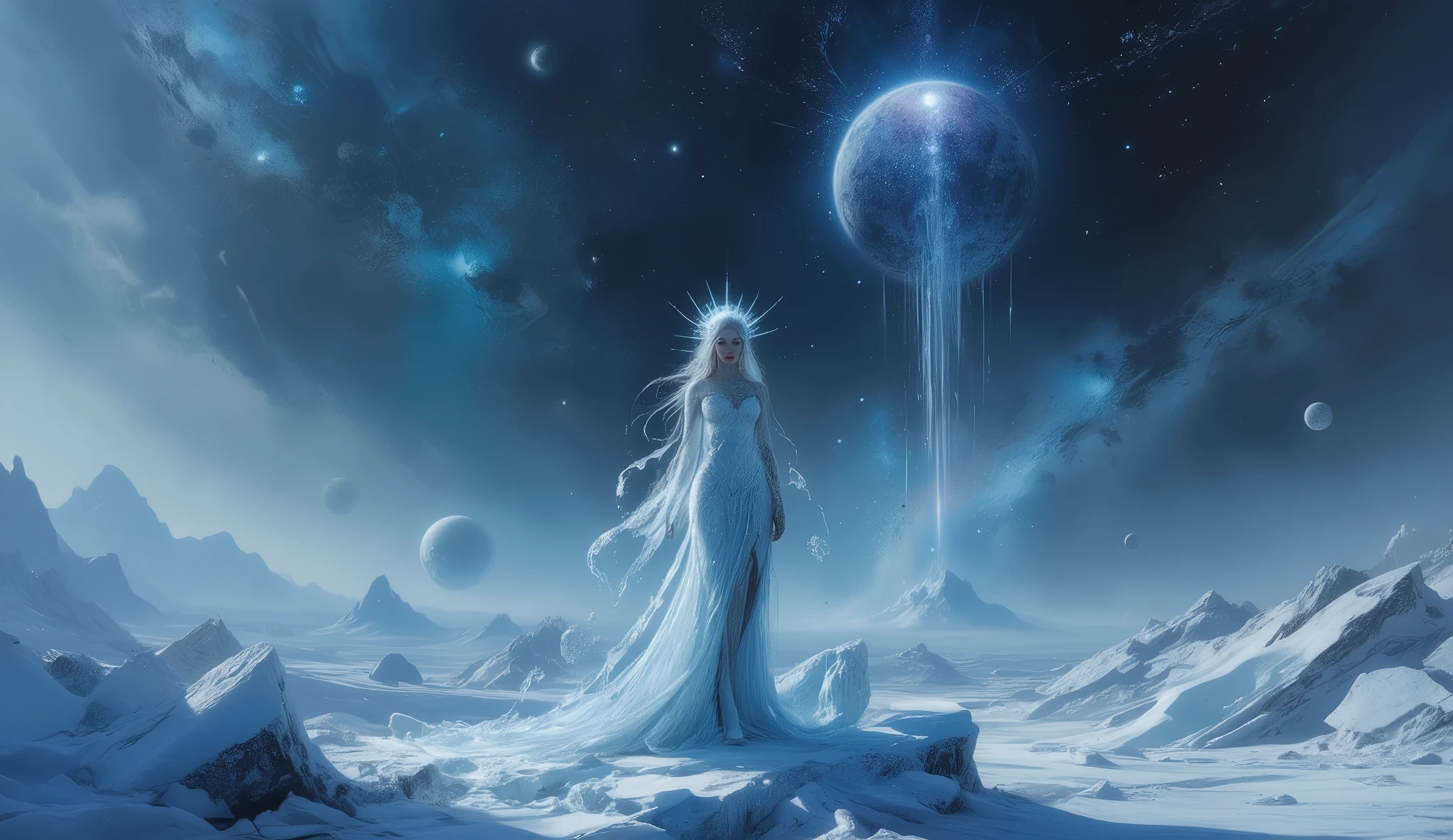 ((Masterpiece, top quality, high resolution, highly detailed CG unified 8K wallpaper))
Otherworldly winter goddess, cosmic and mystical beauty blending ice and starlight.
Pose and Setting: Standing on a frozen comet drifting through space, galaxies and nebulas in the background.
Outfit and Features: Crystalline gown made of stardust and frost, hair flowing like silver starlight, glowing crown of cosmic ice.
Environment and Effects: Shards of ice floating in zero gravity, glowing blue aura, cosmic frost mist blending with galaxies.