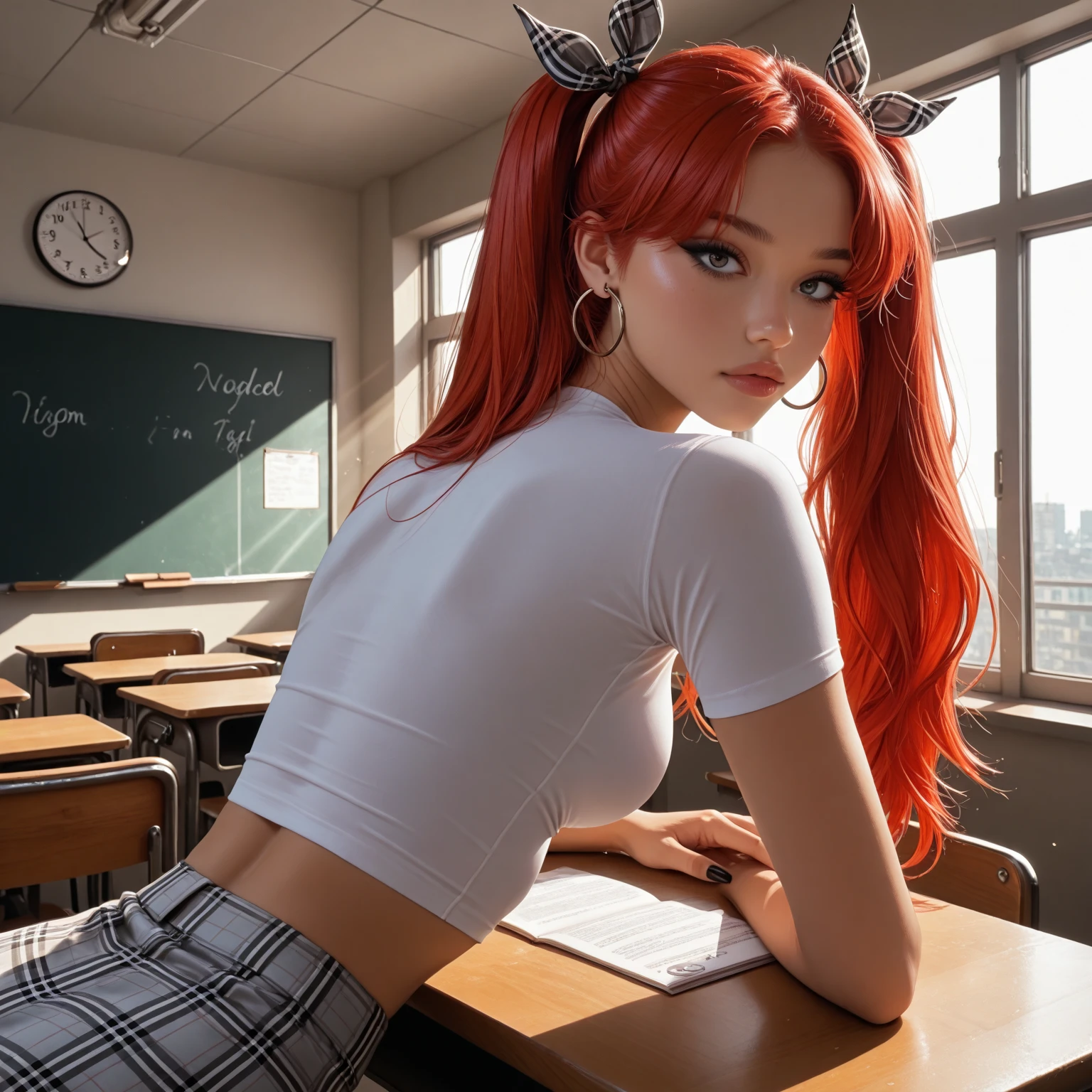 1girl, Solo, black nails, heavy eyeliner, tight t shirt, tight ripped jeans, thong straps, High Resolution, looking at viewer, Bangs, Hair Bow, Masterpiece, High Resolution, Anatomically Correct, Detail, High Details, High Quality, medium round breasts, Hoop Earrings, Hair Ribbon, Jewelry, Hair Clip, Backlighting, Bloom, Cinematic Lighting, God Rays, Beautiful Young girl, Babyface, glossy lips, skinny, redhead, pigtails, in classroom, bending over, leaning forward on desk, influencer, model