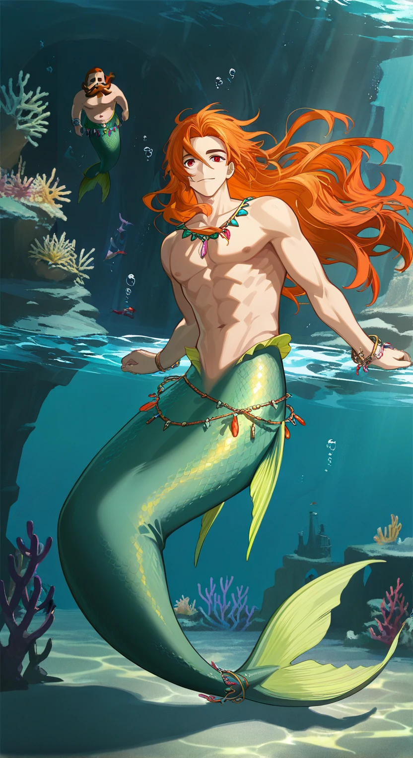 Handsome man 18 years old, merman, mermaid, on a seabed, long hair, gold bracelets and cut, full body, red hair, fish red tail