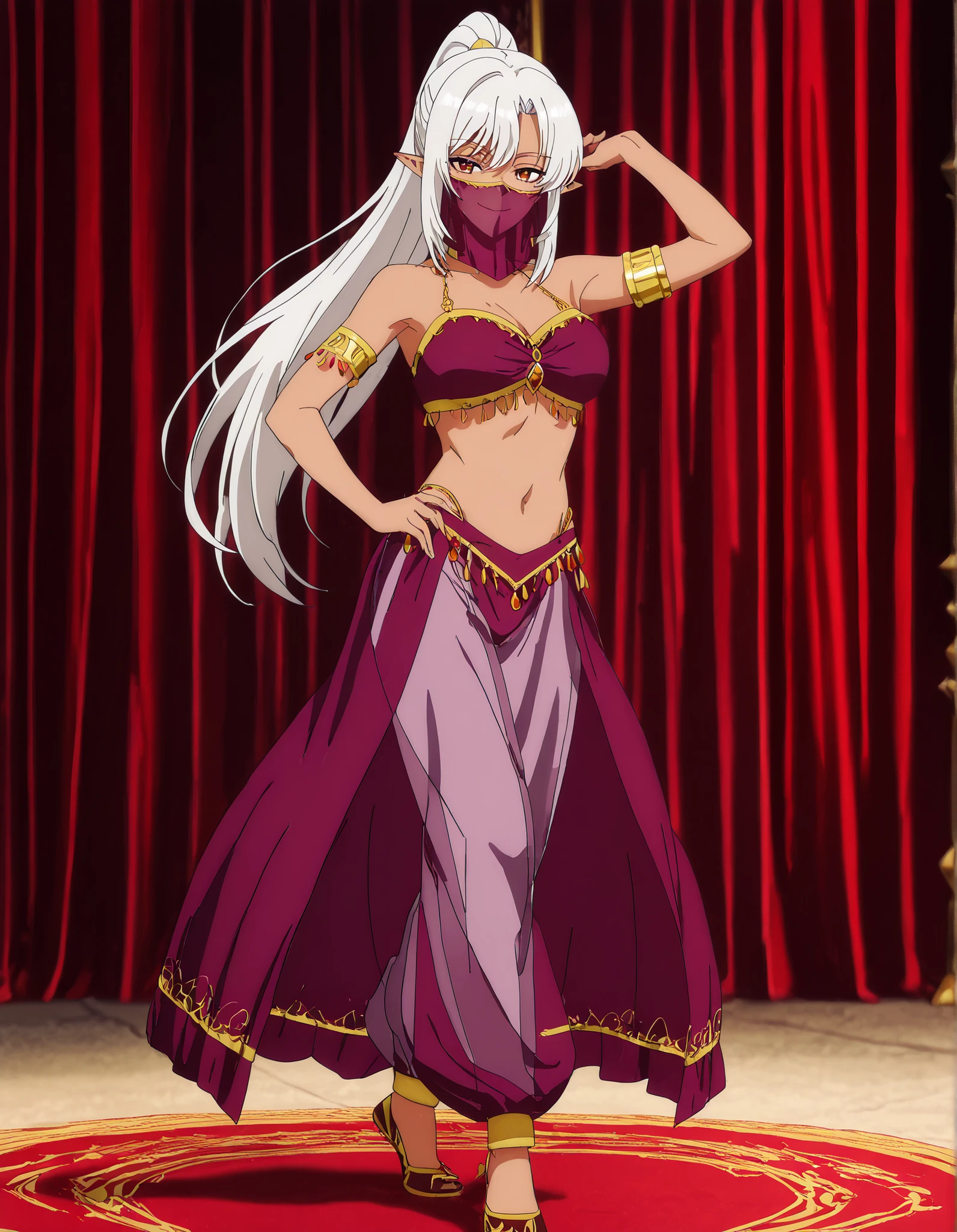 (1girl:1 . 5) , (Seul:1 . 5) , score_9 , score_8_haut , score_7_haut , source_anime , Official work  , ultra-detailed , masterpiece , better quality , high resolution , beaux yeux , detailed eyes , Detailed face , beautiful detailed eyes,  long hair, ponytail, white hair, grey hair, pointy ears, dark skin,I Left My A-Rank Party,Silk Amberwood,Arabian Clothes , Arabian Dancer Outfit ,belly dancer costume,belly dancer outfit ,full body,golden jewelery,mouth veil,armlet, belly dancing,arabian theater,seductive smile, dancing with veil, dynamic movement,dance posture, seductive pose