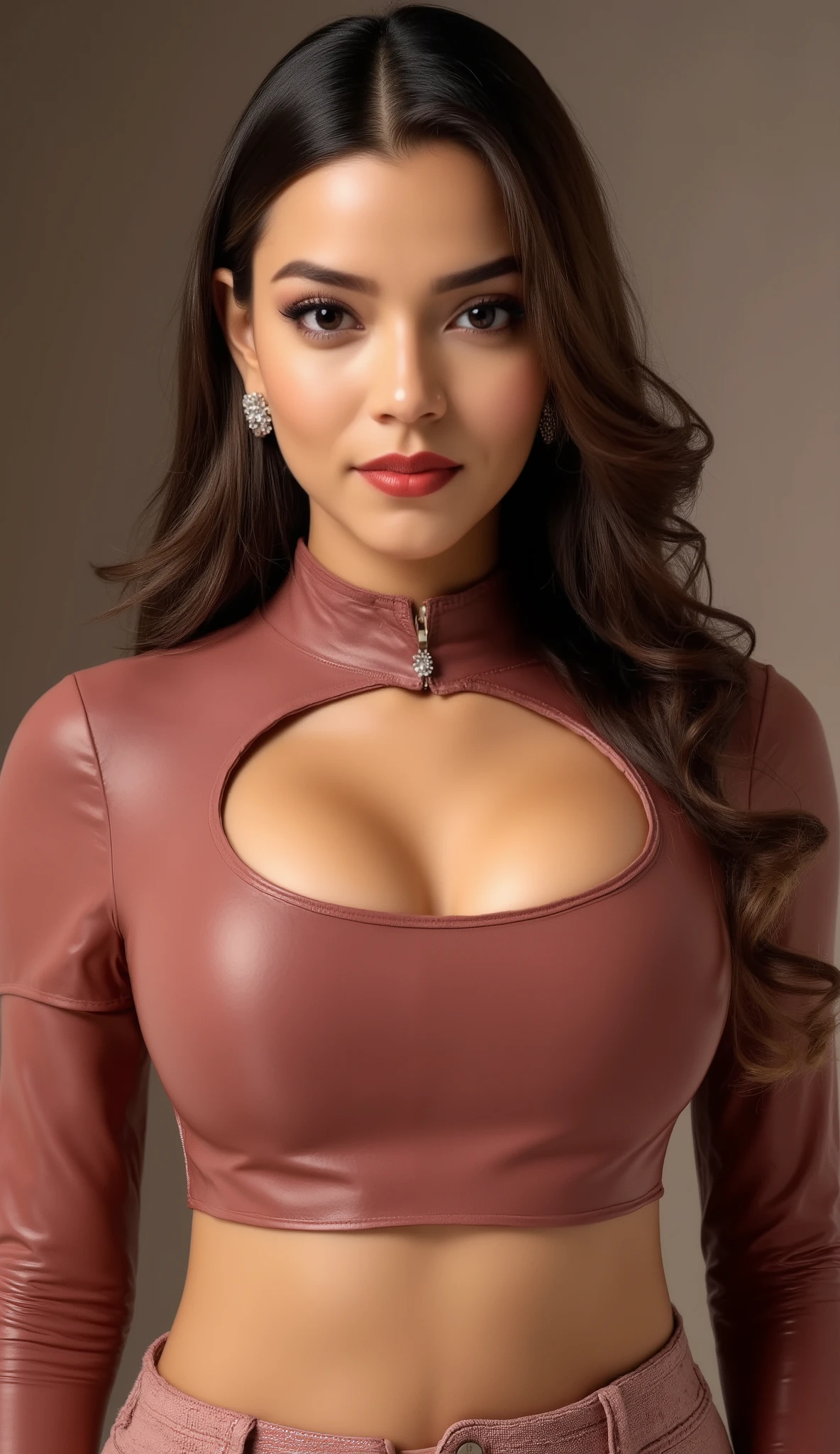 Anushka shetty 35 years old actress   cleavage Cut Out Sleeveless Round Neck Slim Fitted Tank crop Top
,  Bra/Breast Size, 34 inches ; Waist Size, 28 inches ; Hip Size, 30inches.,visible breast and nipples,ultrarealist, intricate details,image of perfect curvy thick milf bbw Goddess tabu Wearing Cutout Long Sleeve Top,very thick milf body,naval  long hair,、 looking at the viewer、 close up shot, full half body , modern wear brand shoot,,she didn't like to wear blouse or bra, she hates blouse or bra, detailed hairy armpits,she has a gorgeous bimbo face with big lips and long eyelashes, big kissable  thick red colour lips,wholebody from front view: plaid skirt mini skirt, thick thigh legs,