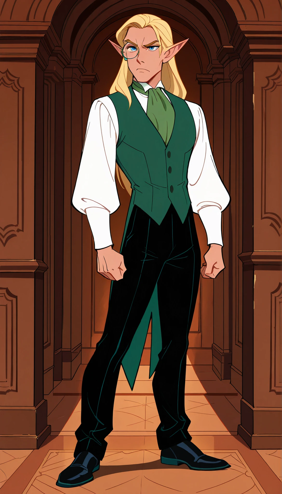 (masterpiece, vibrant colors), disney animation, solo, 1guy, Elf, pointed ears, blonde hair, long hair, blue eye, monocle, black tailcoat, green cravat, white shirt, brown, black silk pants, black shoes, (serious , curious, determined), broadway vibes, standing in a grand foyer,