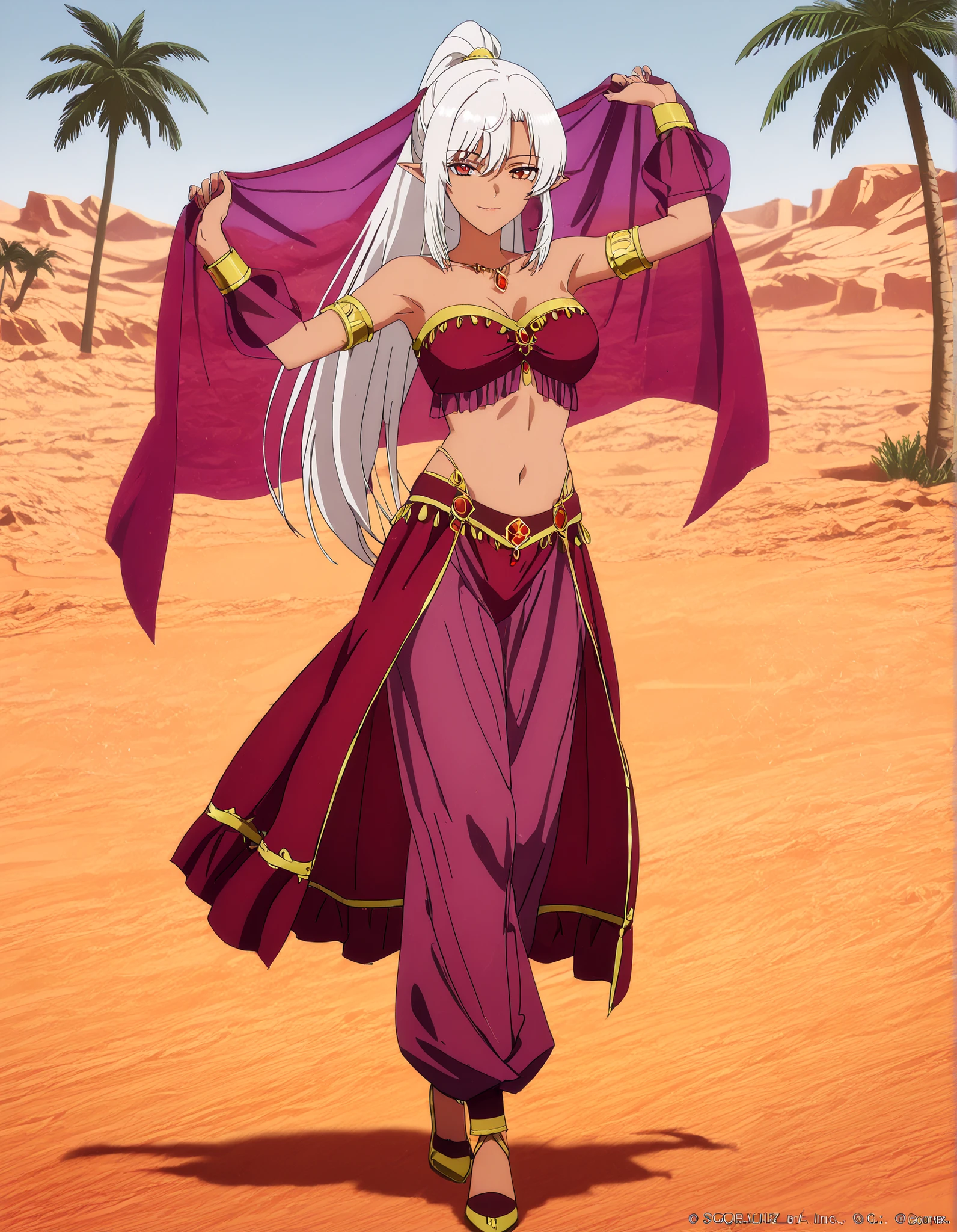 (1girl:1 . 5) , (Seul:1 . 5) , score_9 , score_8_haut , score_7_haut , source_anime , Official work  , ultra-detailed , masterpiece , better quality , high resolution , beaux yeux , detailed eyes , Detailed face , beautiful detailed eyes, long hair, ponytail, white hair, grey hair, pointy ears, dark skin,I Left My A-Rank Party,Silk Amberwood,Arabian Clothes , Arabian Dancer Outfit ,belly dancer costume,belly dancer outfit ,full body,golden jewelery,armlet, belly dancing,desert lands,palm tree,seductive smile, dancing with veil, dynamic movement,dance posture, seductive pose
