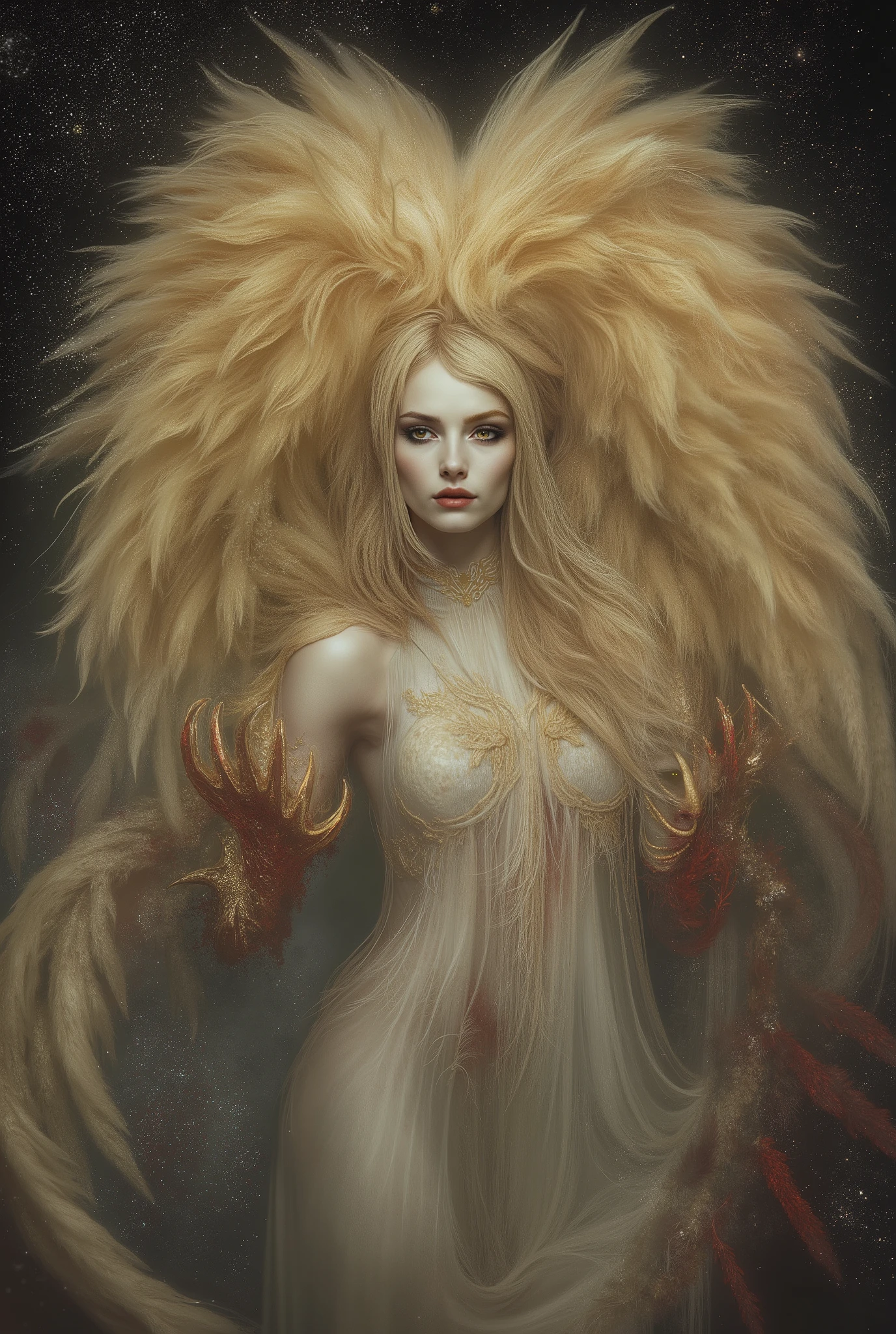 best, highest quality, ultra high resolution, masterpiece, hyperreal impressionistic full portrait done in a surreal dark fantasy style, what appears to be a gorgeous 20 year old albino vixen is something cosmic that towers over planets in its true form, a beautiful and sinister royal demon with unparalleled beauty, golden eyebrows, golden vertical pupils shining with ancient wisdom, wild mane of golden wavy long hair shimmering with silver flames that announce her majesty like a living banner, dead white skin, a face that would be angelic if it weren't so wickedly ravishing and youthful, expressive sensual features, golden eyes like a cat's, a well proportioned and sensual body, anatomically correct, perfectly shaped clawed hands, wearing a white and red feathered cloak the feathers plucked from the wings of angels slain over the eons , dressed in a white velvet dress with a golden embroidered neckline, barefoot, magical energies flickering in the air from the barely contained power of her magnificence, standing among the stars like a blazing Sun , the overall atmosphere full of dreamlike mystery, surreal fantasy, cinematic lighting, cinematic camera, cinematic composition, sharp image, vivid colors, professional color management, cinematic color grading, extremely detailed.