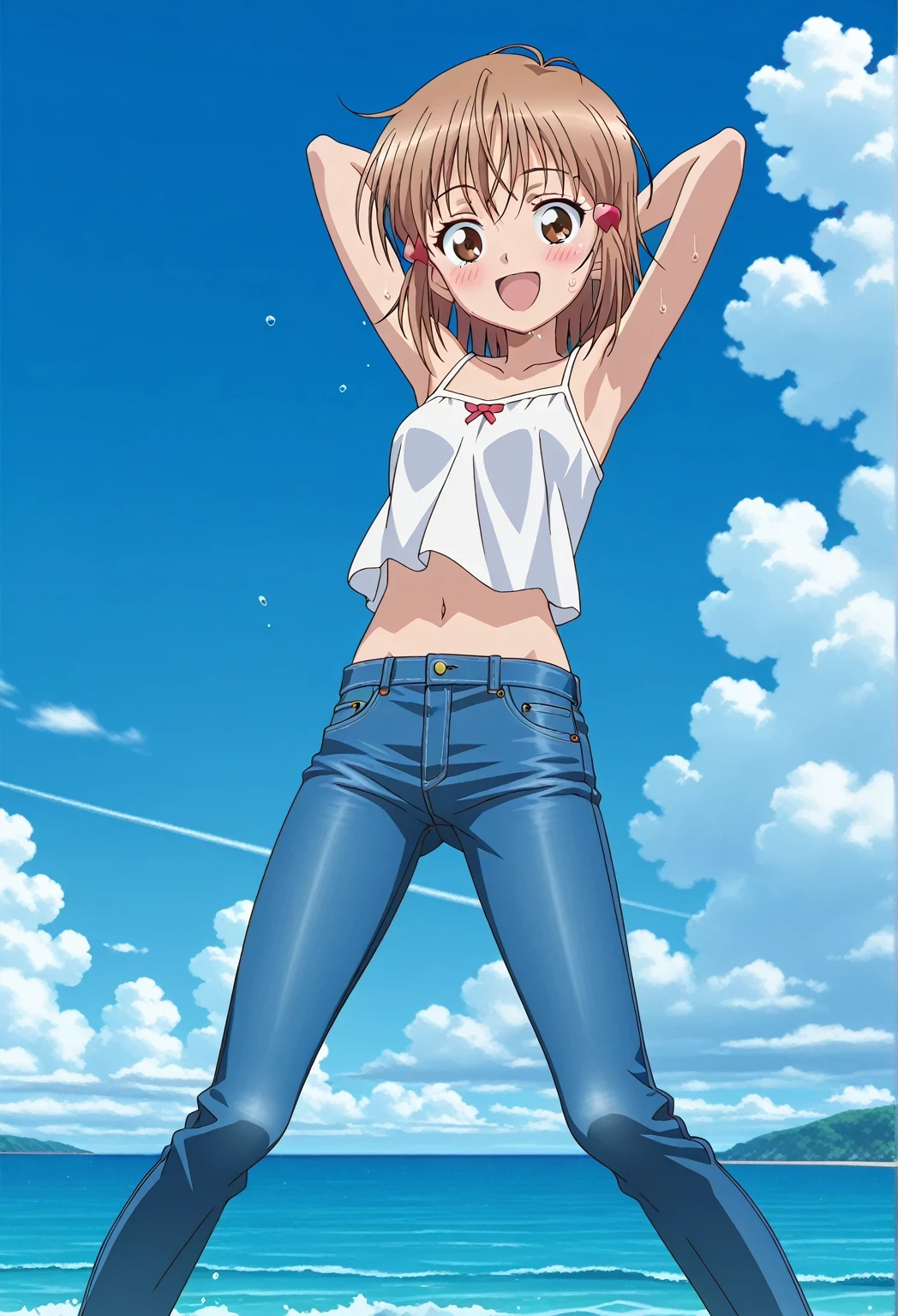 score_9, score_8_up, score_7_up, source_anime, highres, hi res, ((best quality, top quality, perfect quality, Highest Quality, amazing quality)), {{masterpiece}}, {{an extremely delicate and beautiful}}, 2d, intricate details, official style, anime, 8k, anime style, official_anime, official art, digital painting, cell shading, soft shading, high resolution, soothing tones, Subdued Color, Soft cinematic light, adobe lightroom, photolab, HDR, intricately and hyper-detailed, ((high quality animation)), 1 girl, Alone, solo, ((ocean)), tsunami, on the water, day, sunny, outdoors, sky, windy, nagisa misumi, short hair, brown hair, brown eyes, anime screencap, small breasts, white camisole top, crop top, white crop top, best quality, hyper-detailed jeans, ((blue jeans:1.9)), (dark blue jeans:0.6), full medium body, medium shot, Open mouth, smiling, happy face, blush, sweat, standing, ((arms behind head:6.0)), bowlegged, jumping pose, action, looking at viewer, spread legs, Bend knees slightly, straight-on front view