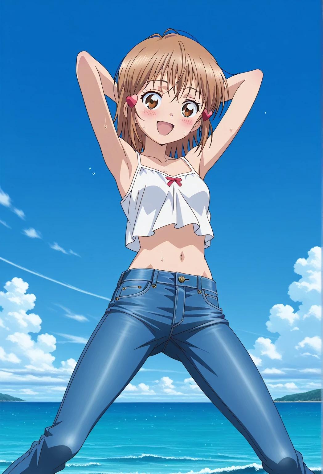 score_9, score_8_up, score_7_up, source_anime, highres, hi res, ((best quality, top quality, perfect quality, Highest Quality, amazing quality)), {{masterpiece}}, {{an extremely delicate and beautiful}}, 2d, intricate details, official style, anime, 8k, anime style, official_anime, official art, digital painting, cell shading, soft shading, high resolution, soothing tones, Subdued Color, Soft cinematic light, adobe lightroom, photolab, HDR, intricately and hyper-detailed, ((high quality animation)), 1 girl, Alone, solo, ((ocean)), tsunami, on the water, day, sunny, outdoors, sky, windy, nagisa misumi, short hair, brown hair, brown eyes, anime screencap, small breasts, white camisole top, crop top, white crop top, best quality, hyper-detailed jeans, ((blue jeans:1.9)), (dark blue jeans:0.6), full medium body, medium shot, Open mouth, smiling, happy face, blush, sweat, standing, ((arms behind head:6.0)), bowlegged, jumping pose, action, looking at viewer, spread legs, Bend knees slightly, straight-on front view