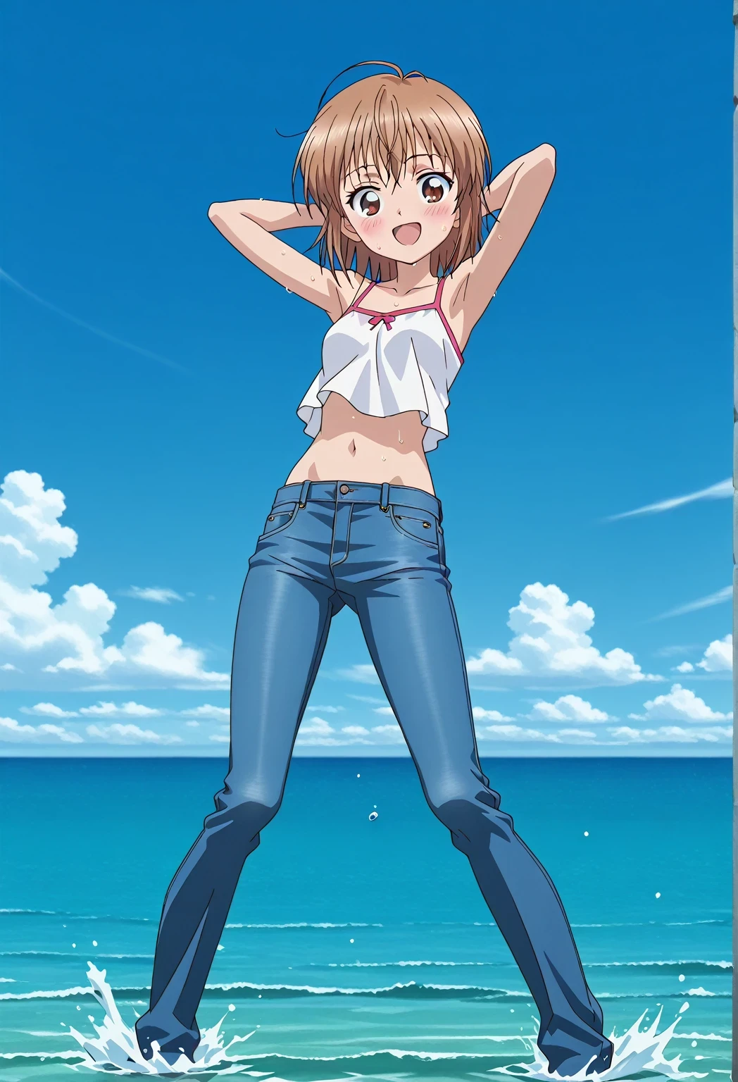score_9, score_8_up, score_7_up, source_anime, highres, hi res, ((best quality, top quality, perfect quality, Highest Quality, amazing quality)), {{masterpiece}}, {{an extremely delicate and beautiful}}, 2d, intricate details, official style, anime, 8k, anime style, official_anime, official art, digital painting, cell shading, soft shading, high resolution, soothing tones, Subdued Color, Soft cinematic light, adobe lightroom, photolab, HDR, intricately and hyper-detailed, ((high quality animation)), 1 girl, Alone, solo, ((ocean)), tsunami, on the water, day, sunny, outdoors, sky, windy, nagisa misumi, short hair, brown hair, brown eyes, anime screencap, small breasts, white camisole top, crop top, white crop top, best quality, hyper-detailed jeans, ((blue jeans:1.9)), (dark blue jeans:0.6), full medium body, medium shot, Open mouth, smiling, happy face, blush, sweat, standing, ((arms behind head:6.0)), bowlegged, jumping pose, action, looking at viewer, spread legs, Bend knees slightly, straight-on front view