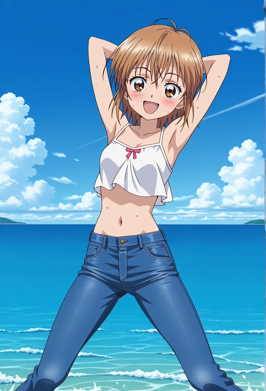 score_9, score_8_up, score_7_up, source_anime, highres, hi res, ((best quality, top quality, perfect quality, Highest Quality, amazing quality)), {{masterpiece}}, {{an extremely delicate and beautiful}}, 2d, intricate details, official style, anime, 8k, anime style, official_anime, official art, digital painting, cell shading, soft shading, high resolution, soothing tones, Subdued Color, Soft cinematic light, adobe lightroom, photolab, HDR, intricately and hyper-detailed, ((high quality animation)), 1 girl, Alone, solo, ((ocean)), tsunami, on the water, day, sunny, outdoors, sky, windy, nagisa misumi, short hair, brown hair, brown eyes, anime screencap, small breasts, white camisole top, crop top, white crop top, best quality, hyper-detailed jeans, ((blue jeans:1.9)), (dark blue jeans:0.6), full medium body, medium shot, Open mouth, smiling, happy face, blush, sweat, standing, ((arms behind head:6.0)), bowlegged, jumping pose, action, looking at viewer, spread legs, Bend knees slightly, straight-on front view