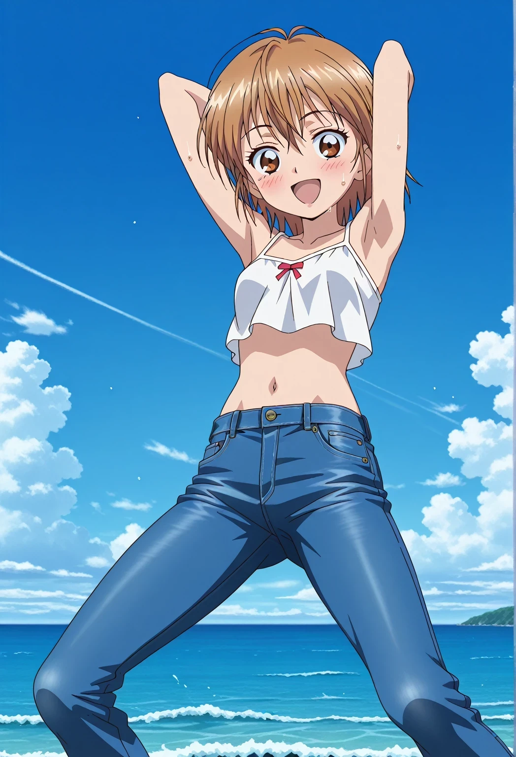 score_9, score_8_up, score_7_up, source_anime, highres, hi res, ((best quality, top quality, perfect quality, Highest Quality, amazing quality)), {{masterpiece}}, {{an extremely delicate and beautiful}}, 2d, intricate details, official style, anime, 8k, anime style, official_anime, official art, digital painting, cell shading, soft shading, high resolution, soothing tones, Subdued Color, Soft cinematic light, adobe lightroom, photolab, HDR, intricately and hyper-detailed, ((high quality animation)), 1 girl, Alone, solo, ((ocean)), tsunami, on the water, day, sunny, outdoors, sky, windy, nagisa misumi, short hair, brown hair, brown eyes, anime screencap, small breasts, white camisole top, crop top, white crop top, best quality, hyper-detailed jeans, ((blue jeans:1.9)), (dark blue jeans:0.6), full medium body, medium shot, Open mouth, smiling, happy face, blush, sweat, standing, ((arms behind head:6.0)), bowlegged, jumping pose, action, looking at viewer, spread legs, Bend knees slightly, straight-on front view