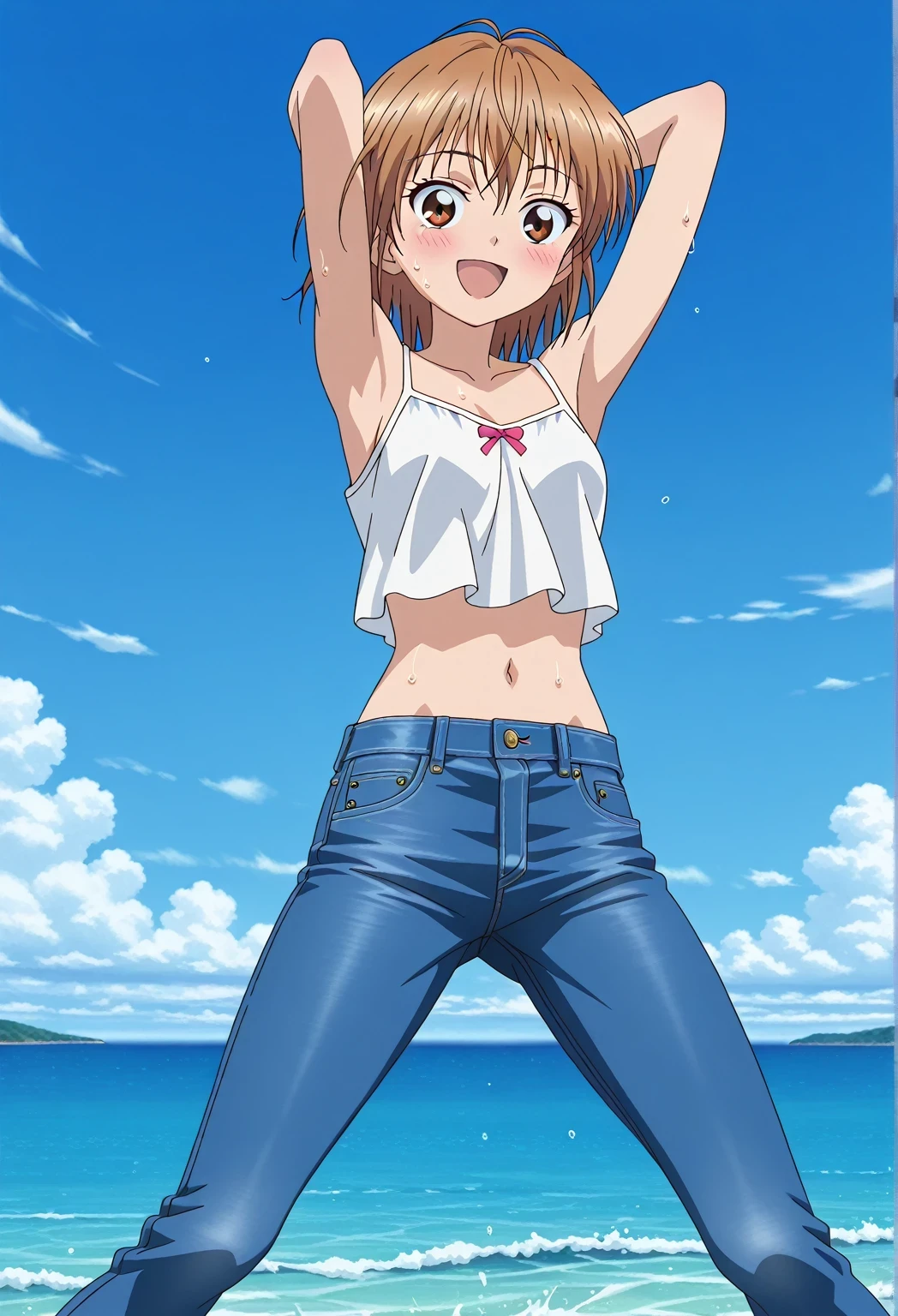 score_9, score_8_up, score_7_up, source_anime, highres, hi res, ((best quality, top quality, perfect quality, Highest Quality, amazing quality)), {{masterpiece}}, {{an extremely delicate and beautiful}}, 2d, intricate details, official style, anime, 8k, anime style, official_anime, official art, digital painting, cell shading, soft shading, high resolution, soothing tones, Subdued Color, Soft cinematic light, adobe lightroom, photolab, HDR, intricately and hyper-detailed, ((high quality animation)), 1 girl, Alone, solo, ((ocean)), tsunami, on the water, day, sunny, outdoors, sky, windy, nagisa misumi, short hair, brown hair, brown eyes, anime screencap, small breasts, white camisole top, crop top, white crop top, best quality, hyper-detailed jeans, ((blue jeans:1.9)), (dark blue jeans:0.6), full medium body, medium shot, Open mouth, smiling, happy face, blush, sweat, standing, ((arms behind head:6.0)), bowlegged, jumping pose, action, looking at viewer, spread legs, Bend knees slightly, straight-on front view