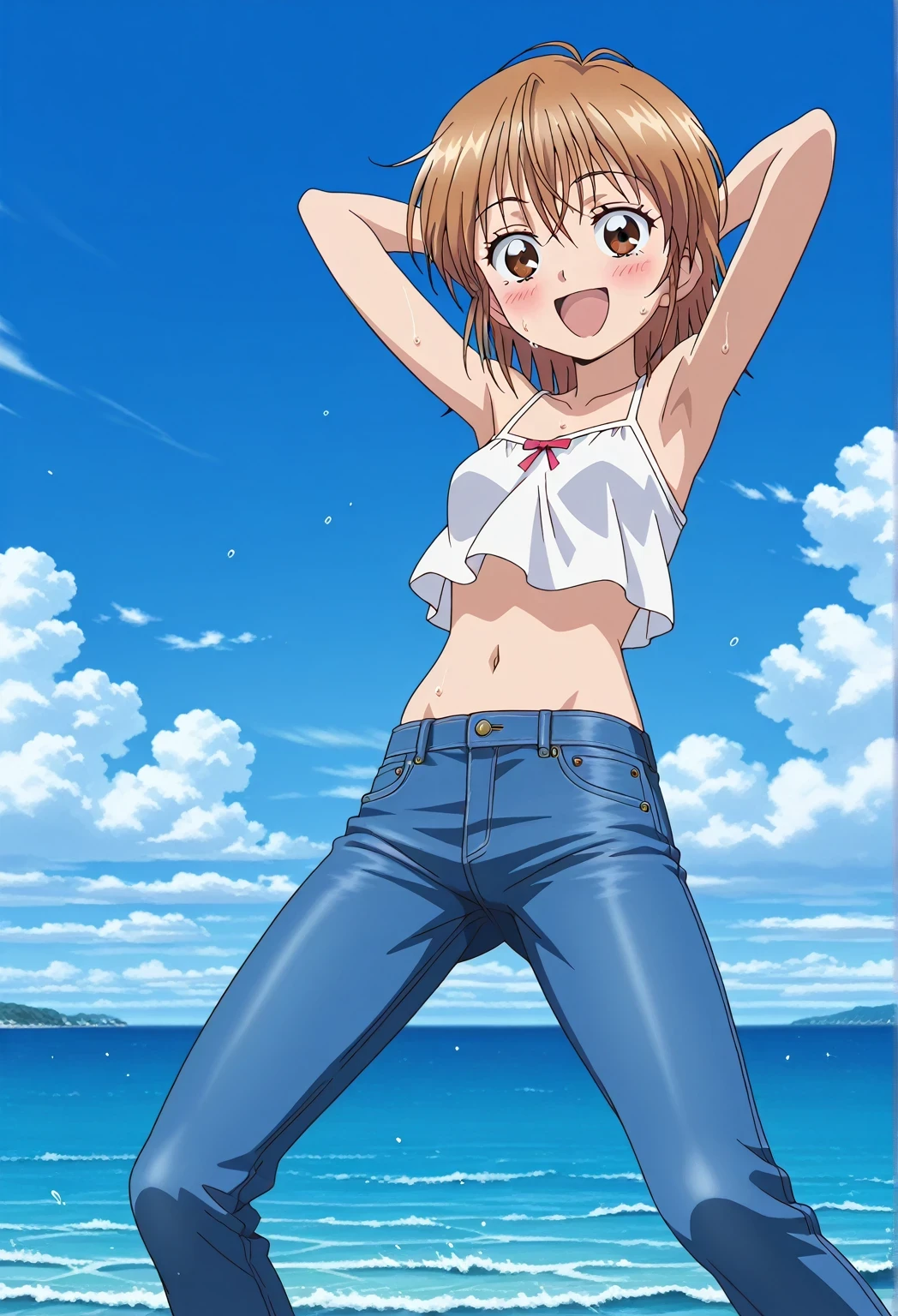 score_9, score_8_up, score_7_up, source_anime, highres, hi res, ((best quality, top quality, perfect quality, Highest Quality, amazing quality)), {{masterpiece}}, {{an extremely delicate and beautiful}}, 2d, intricate details, official style, anime, 8k, anime style, official_anime, official art, digital painting, cell shading, soft shading, high resolution, soothing tones, Subdued Color, Soft cinematic light, adobe lightroom, photolab, HDR, intricately and hyper-detailed, ((high quality animation)), 1 girl, Alone, solo, ((ocean)), tsunami, on the water, day, sunny, outdoors, sky, windy, nagisa misumi, short hair, brown hair, brown eyes, anime screencap, small breasts, white camisole top, crop top, white crop top, best quality, hyper-detailed jeans, ((blue jeans:1.9)), (dark blue jeans:0.6), full medium body, medium shot, Open mouth, smiling, happy face, blush, sweat, standing, ((arms behind head:6.0)), bowlegged, jumping pose, action, looking at viewer, spread legs, Bend knees slightly, straight-on front view