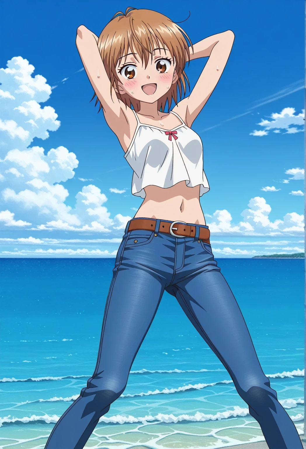 score_9, score_8_up, score_7_up, source_anime, highres, hi res, ((best quality, top quality, perfect quality, Highest Quality, amazing quality)), {{masterpiece}}, {{an extremely delicate and beautiful}}, 2d, intricate details, official style, anime, 8k, anime style, official_anime, official art, digital painting, cell shading, soft shading, high resolution, soothing tones, Subdued Color, Soft cinematic light, adobe lightroom, photolab, HDR, intricately and hyper-detailed, ((high quality animation)), 1 girl, Alone, solo, ((ocean)), tsunami, on the water, day, sunny, outdoors, sky, windy, nagisa misumi, short hair, brown hair, brown eyes, anime screencap, small breasts, white camisole top, crop top, white crop top, best quality, hyper-detailed jeans, belt, brown belt, ((blue jeans:1.9)), (dark blue jeans:0.6), full medium body, medium shot, Open mouth, smiling, happy face, blush, sweat, standing, ((arms behind head:6.0)), bowlegged, jumping pose, action, looking at viewer, spread legs, Bend knees slightly, straight-on front view
