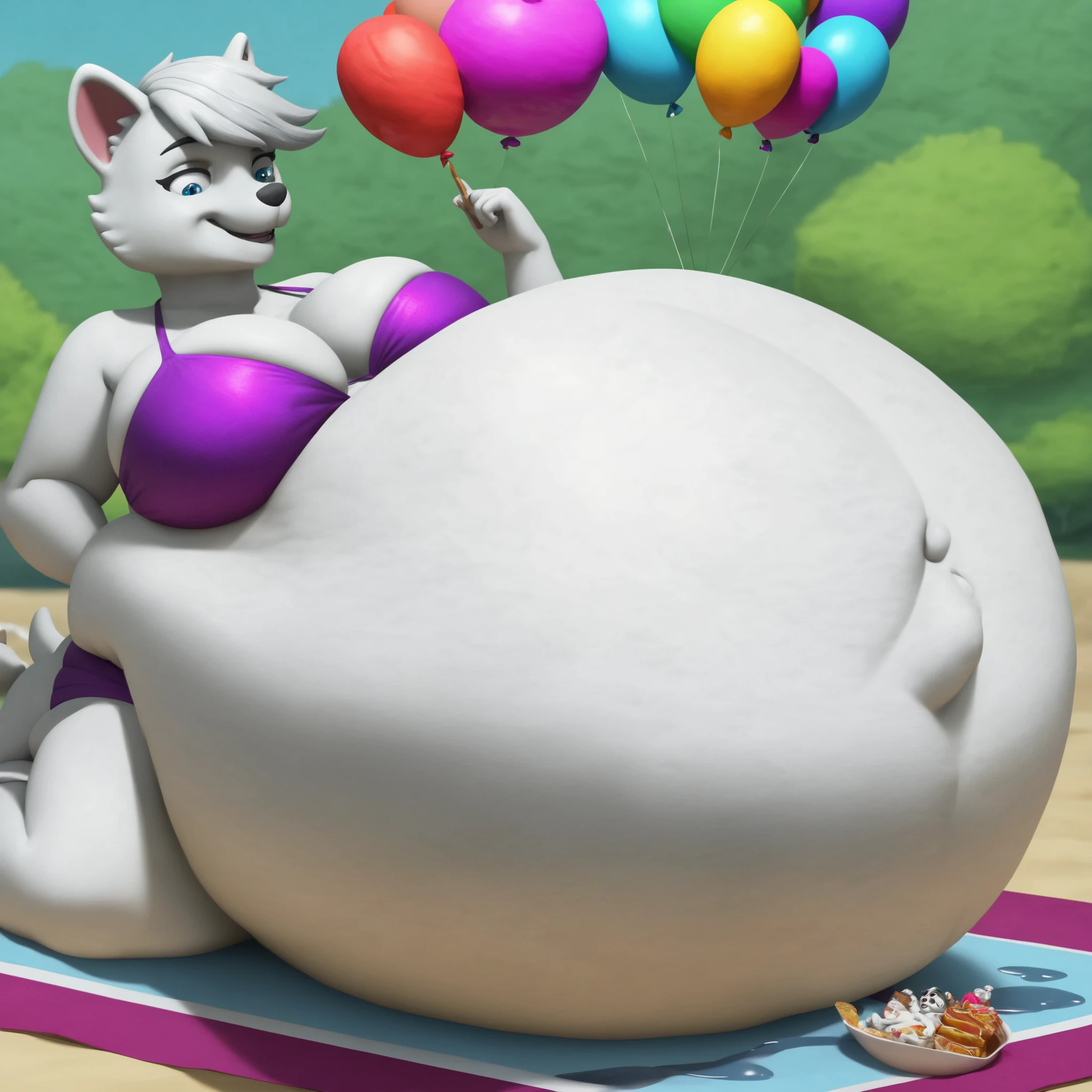 , sunny,, beachclub background, detailed fluffy fur texture, sad pain impressionism, (by foxovh, ross tran, michael garmash, pino daeni, iskra), detailed eyes, highly detailed pupils, solo, furry, anthro, roxi-pp, domestic dog, female, Cyan eyes, white fur, white body, fur body, fully clothed, detailed fluffy fur texture, curvy, wide hips, inner fluff ears, from front, lyingdown,dark purple top, bikinibuttom, brachclub background, day, 1girl, smile, Big Breasts, big belly inflation, vore, water belly inflation,belly full of food, air tank belly inflation, belly growth sprout, belly inflating out of control, belly inflating foward, chubby, big pregnant belly inflation, belly inflation, vore, water belly inflation, belly full of food, belly full of gas, belly inflating out of control, belly inflating foward, chubby, big pregnant belly inflation, belly full of fat, big belly gargantuan inflation, belly bigger bigger, enormous belly inflation bloat, laying down on belly, belly stuffed with coke and mentos ,belly plumbing bigger bigger ,big belly gargantuan inflation, belly bloating up pressure inside, belly growing larger larger, stuffing fetish,weight gain, huge belly inflation, weight gain belly inflation, belly full of helium, belly blowing up like a balloon, wide bloating belly inflation, immobilise, belly growing bigger bigger full of food, belly stuffed with food and mentos, belly pumping up bigger bigger, big belly gargantuan stretching longer like a balloon ,belly swelling up with gassy food, immobilise and chubby big belly gargantuan inflation, belly is bigger and better ,big belly relax mode, big belly stuffed with food and relaxation ,belly massively growing fatter and bigger, belly weight gain eating food, belly patting, hands rubbing on belly, belly stuffed with coke and mentos ready to gas bloating to its stretch limit, big belly growing full of gas inside building up pressure, belly getting bigger, belly weight gain,  big belly immobilise, belly giantess 