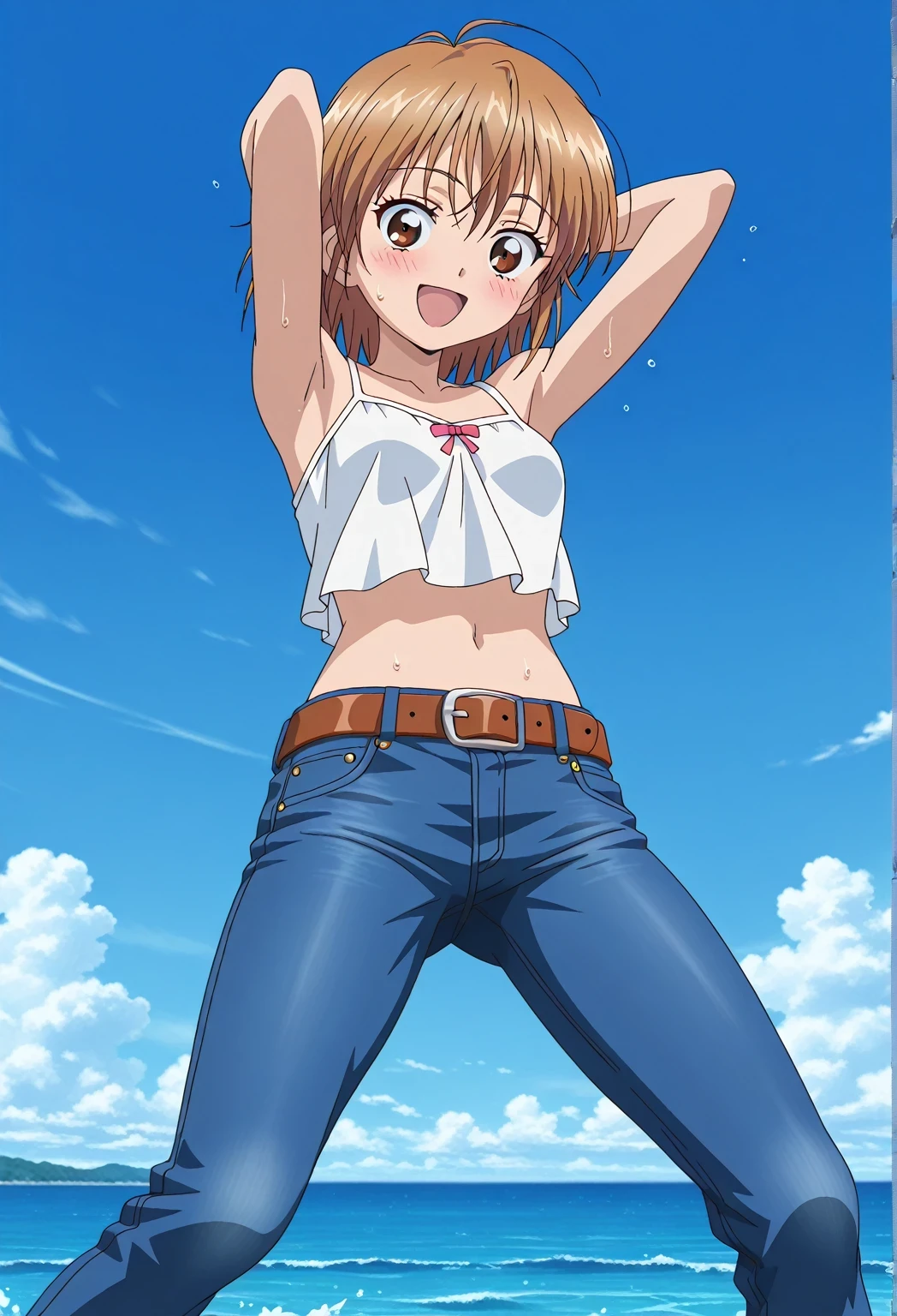 score_9, score_8_up, score_7_up, source_anime, highres, hi res, ((best quality, top quality, perfect quality, Highest Quality, amazing quality)), {{masterpiece}}, {{an extremely delicate and beautiful}}, 2d, intricate details, official style, anime, 8k, anime style, official_anime, official art, digital painting, cell shading, soft shading, high resolution, soothing tones, Subdued Color, Soft cinematic light, adobe lightroom, photolab, HDR, intricately and hyper-detailed, ((high quality animation)), 1 girl, Alone, solo, ((ocean)), tsunami, on the water, day, sunny, outdoors, sky, windy, nagisa misumi, short hair, brown hair, brown eyes, anime screencap, small breasts, white camisole top, crop top, white crop top, best quality, hyper-detailed jeans, belt, brown belt, ((blue jeans:1.9)), (dark blue jeans:0.6), full medium body, medium shot, Open mouth, smiling, happy face, blush, sweat, standing, ((arms behind head:6.0)), bowlegged, jumping pose, action, looking at viewer, spread legs, Bend knees slightly, straight-on front view