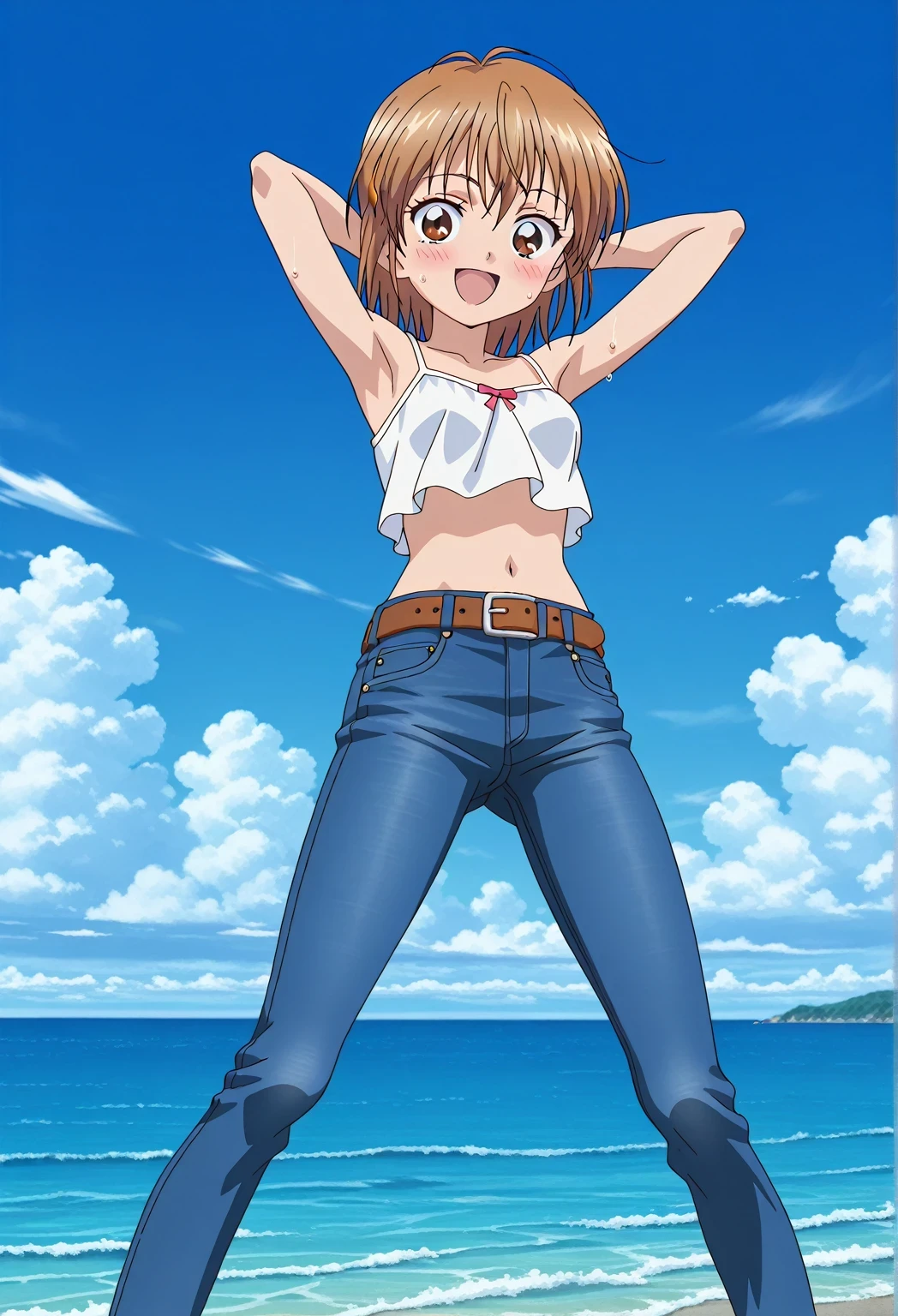 score_9, score_8_up, score_7_up, source_anime, highres, hi res, ((best quality, top quality, perfect quality, Highest Quality, amazing quality)), {{masterpiece}}, {{an extremely delicate and beautiful}}, 2d, intricate details, official style, anime, 8k, anime style, official_anime, official art, digital painting, cell shading, soft shading, high resolution, soothing tones, Subdued Color, Soft cinematic light, adobe lightroom, photolab, HDR, intricately and hyper-detailed, ((high quality animation)), 1 girl, Alone, solo, ((ocean)), tsunami, on the water, day, sunny, outdoors, sky, windy, nagisa misumi, short hair, brown hair, brown eyes, anime screencap, small breasts, white camisole top, crop top, white crop top, best quality, hyper-detailed jeans, belt, brown belt, ((blue jeans:1.9)), (dark blue jeans:0.6), full medium body, medium shot, Open mouth, smiling, happy face, blush, sweat, standing, ((arms behind head:6.0)), bowlegged, jumping pose, action, looking at viewer, spread legs, Bend knees slightly, straight-on front view