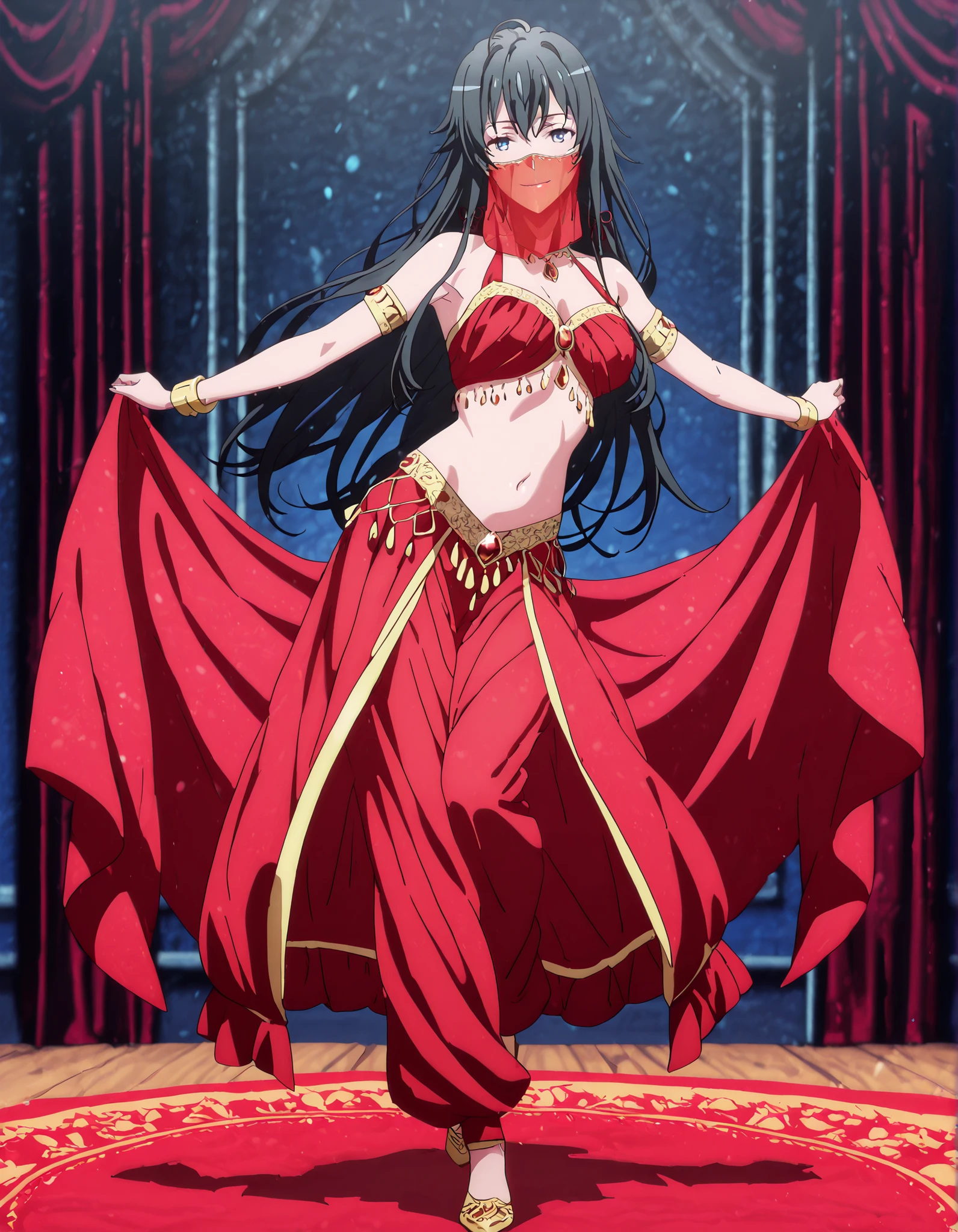 (1girl:1 . 5) , (Seul:1 . 5) , score_9 , score_8_haut , score_7_haut , source_anime , Official work , ultra-detailed , masterpiece , better quality , high resolution , beaux yeux , detailed eyes , Detailed face , beautiful detailed eyes black hair, blue eyes, long hair,My Teen Romantic Comedy SNAFU,Yukino Yukinoshita,Arabian Clothes , Arabian Dancer Outfit ,belly dancer costume,belly dancer outfit ,full body,golden jewelery,mouth veil,armlet, belly dancing,arabian theater,seductive smile, dancing with veil, dynamic movement,dance posture, seductive pose