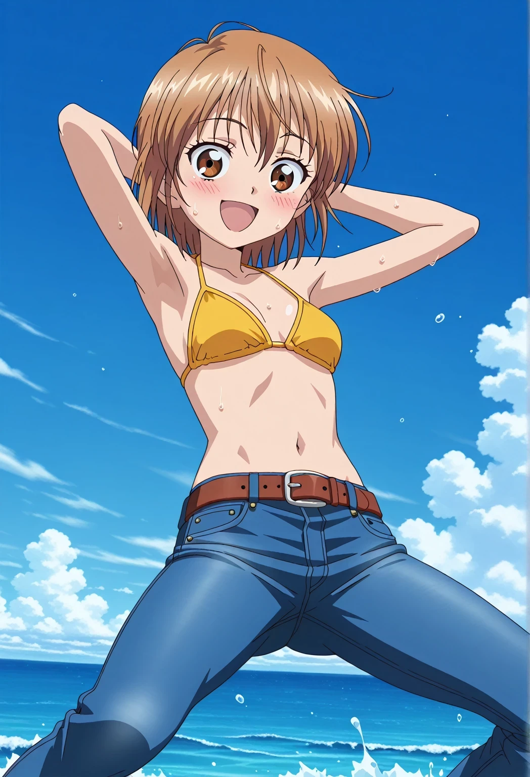 score_9, score_8_up, score_7_up, source_anime, highres, hi res, ((best quality, top quality, perfect quality, Highest Quality, amazing quality)), {{masterpiece}}, {{an extremely delicate and beautiful}}, 2d, intricate details, official style, anime, 8k, anime style, official_anime, official art, digital painting, cell shading, soft shading, high resolution, soothing tones, Subdued Color, Soft cinematic light, adobe lightroom, photolab, HDR, intricately and hyper-detailed, ((high quality animation)), 1 girl, Alone, solo, ((ocean)), tsunami, on the water, day, sunny, outdoors, sky, windy, nagisa misumi, short hair, brown hair, brown eyes, anime screencap, small breasts, yellow bikini top, best quality, hyper-detailed jeans, belt, brown belt, ((blue jeans:1.9)), (dark blue jeans:0.6), full medium body, medium shot, Open mouth, smiling, happy face, blush, sweat, standing, ((arms behind head:6.0)), bowlegged, jumping pose, action, looking at viewer, spread legs, Bend knees slightly, straight-on front view