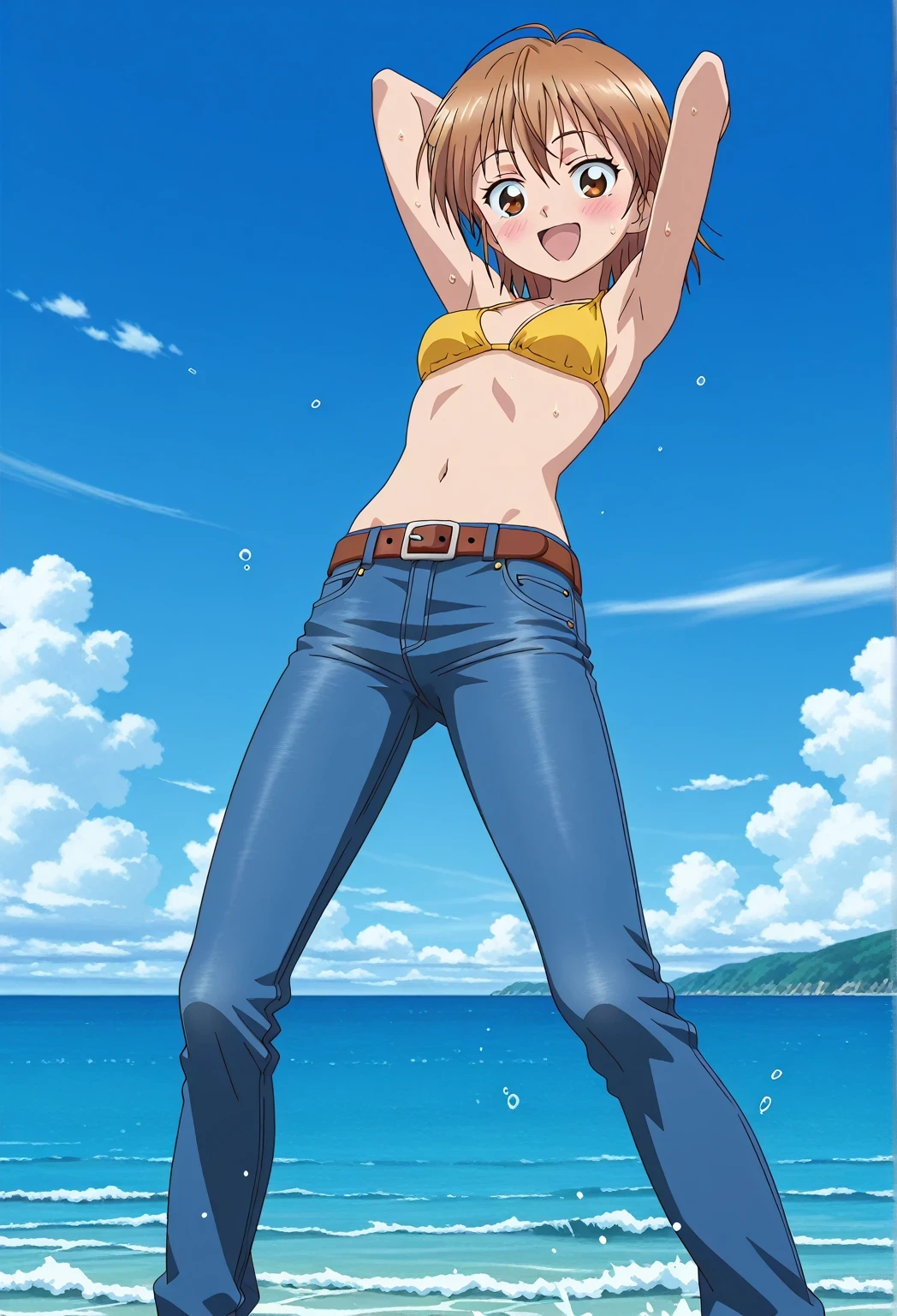 score_9, score_8_up, score_7_up, source_anime, highres, hi res, ((best quality, top quality, perfect quality, Highest Quality, amazing quality)), {{masterpiece}}, {{an extremely delicate and beautiful}}, 2d, intricate details, official style, anime, 8k, anime style, official_anime, official art, digital painting, cell shading, soft shading, high resolution, soothing tones, Subdued Color, Soft cinematic light, adobe lightroom, photolab, HDR, intricately and hyper-detailed, ((high quality animation)), 1 girl, Alone, solo, ((ocean)), tsunami, on the water, day, sunny, outdoors, sky, windy, nagisa misumi, short hair, brown hair, brown eyes, anime screencap, small breasts, yellow bikini top, best quality, hyper-detailed jeans, belt, brown belt, ((blue jeans:1.9)), (dark blue jeans:0.6), full medium body, medium shot, Open mouth, smiling, happy face, blush, sweat, standing, ((arms behind head:6.0)), bowlegged, jumping pose, action, looking at viewer, spread legs, Bend knees slightly, straight-on front view
