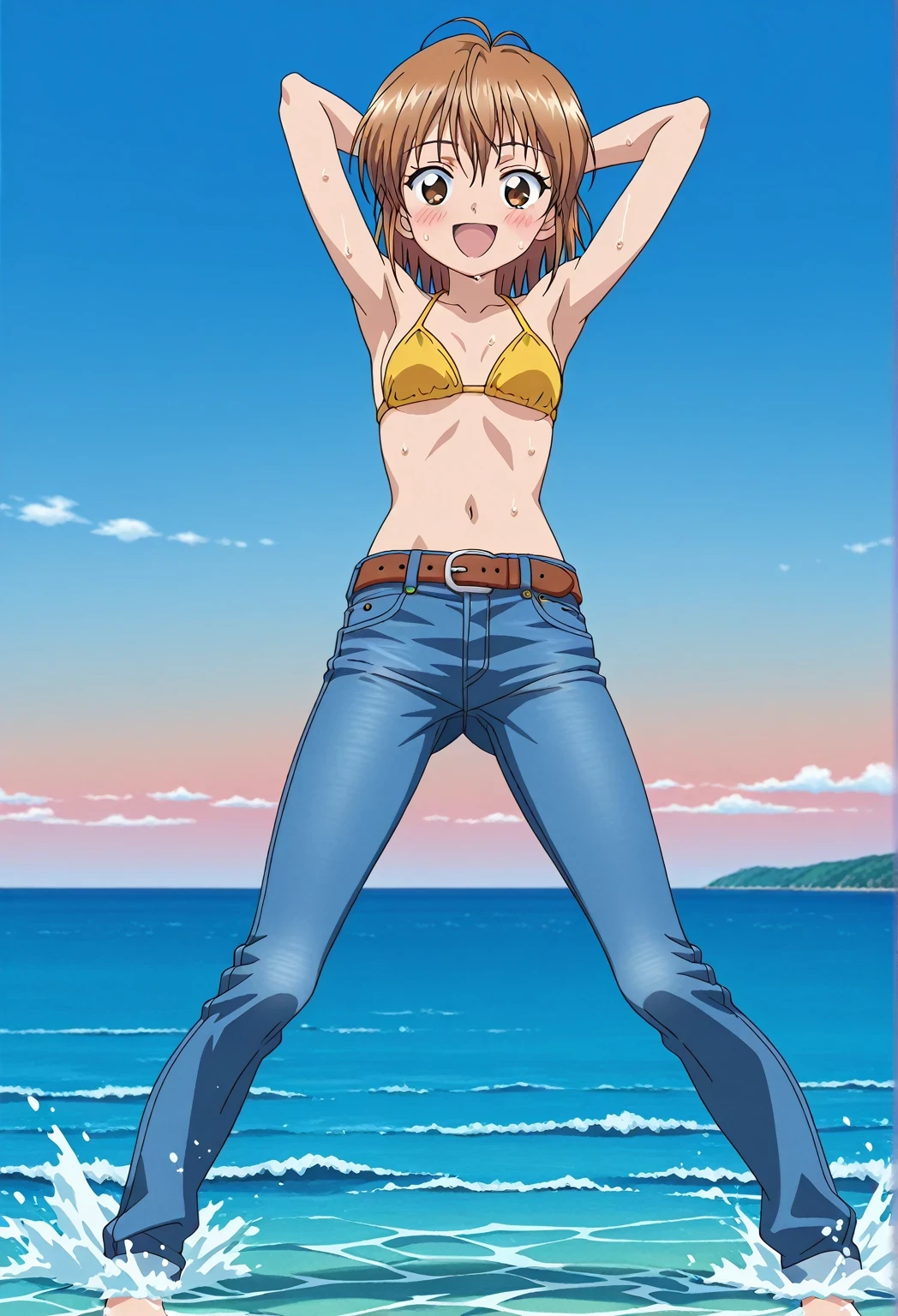 score_9, score_8_up, score_7_up, source_anime, highres, hi res, ((best quality, top quality, perfect quality, Highest Quality, amazing quality)), {{masterpiece}}, {{an extremely delicate and beautiful}}, 2d, intricate details, official style, anime, 8k, anime style, official_anime, official art, digital painting, cell shading, soft shading, high resolution, soothing tones, Subdued Color, Soft cinematic light, adobe lightroom, photolab, HDR, intricately and hyper-detailed, ((high quality animation)), 1 girl, Alone, solo, ((ocean)), tsunami, on the water, day, sunny, outdoors, sky, windy, nagisa misumi, short hair, brown hair, brown eyes, anime screencap, small breasts, yellow bikini top, best quality, hyper-detailed jeans, belt, brown belt, ((blue jeans:1.9)), (dark blue jeans:0.6), full medium body, medium shot, Open mouth, smiling, happy face, blush, sweat, standing, ((arms behind head:6.0)), bowlegged, jumping pose, action, looking at viewer, spread legs, Bend knees slightly, straight-on front view