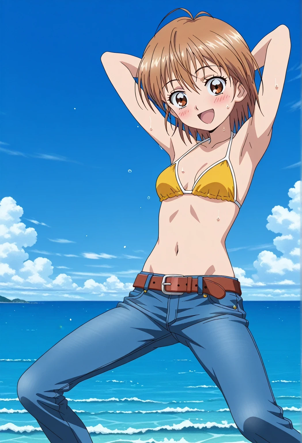 score_9, score_8_up, score_7_up, source_anime, highres, hi res, ((best quality, top quality, perfect quality, Highest Quality, amazing quality)), {{masterpiece}}, {{an extremely delicate and beautiful}}, 2d, intricate details, official style, anime, 8k, anime style, official_anime, official art, digital painting, cell shading, soft shading, high resolution, soothing tones, Subdued Color, Soft cinematic light, adobe lightroom, photolab, HDR, intricately and hyper-detailed, ((high quality animation)), 1 girl, Alone, solo, ((ocean)), tsunami, on the water, day, sunny, outdoors, sky, windy, nagisa misumi, short hair, brown hair, brown eyes, anime screencap, small breasts, yellow bikini top, best quality, hyper-detailed jeans, belt, brown belt, ((blue jeans:1.9)), (dark blue jeans:0.6), full medium body, medium shot, Open mouth, smiling, happy face, blush, sweat, standing, ((arms behind head:6.0)), bowlegged, jumping pose, action, looking at viewer, spread legs, Bend knees slightly, straight-on front view