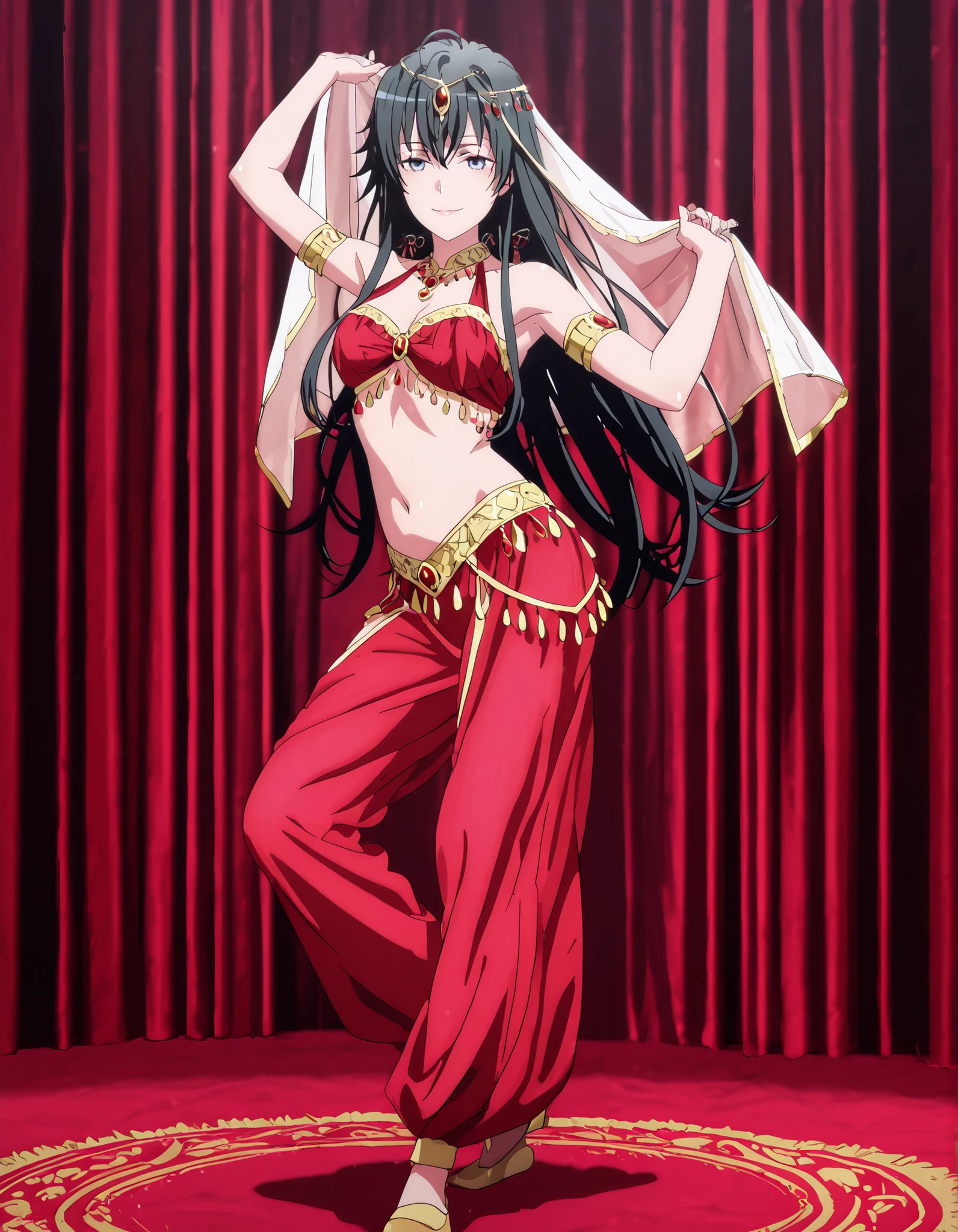(1girl:1 . 5) , (Seul:1 . 5) , score_9 , score_8_haut , score_7_haut , source_anime , Official work , ultra-detailed , masterpiece , better quality , high resolution , beaux yeux , detailed eyes , Detailed face , beautiful detailed eyes black hair, blue eyes, long hair,My Teen Romantic Comedy SNAFU,Yukino Yukinoshita,Arabian Clothes , Arabian Dancer Outfit ,belly dancer costume,belly dancer outfit ,full body,golden jewelery,armlet, belly dancing,arabian theater,seductive smile, dancing with veil, dynamic movement,dance posture, seductive pose