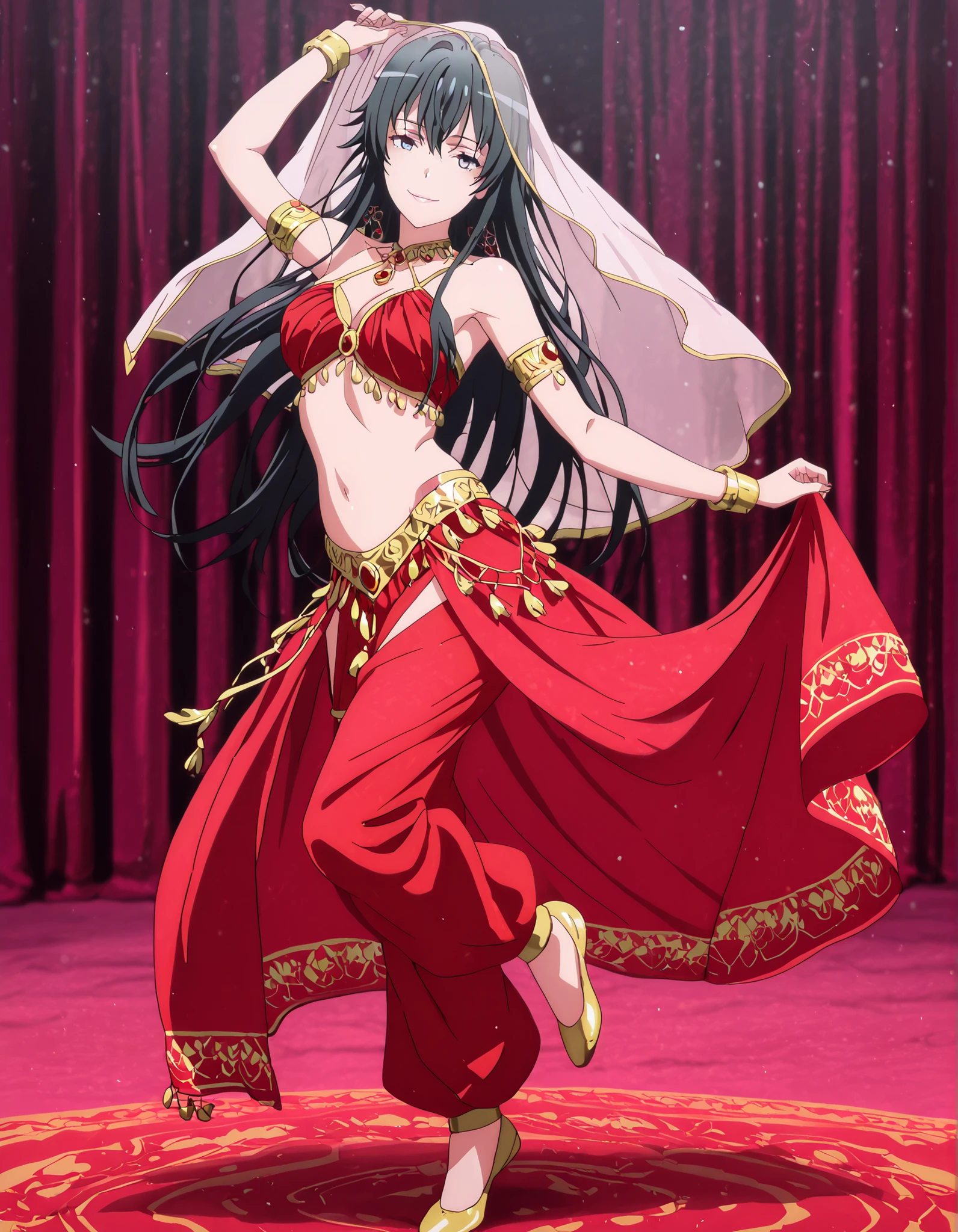(1girl:1 . 5) , (Seul:1 . 5) , score_9 , score_8_haut , score_7_haut , source_anime , Official work , ultra-detailed , masterpiece , better quality , high resolution , beaux yeux , detailed eyes , Detailed face , beautiful detailed eyes black hair, blue eyes, long hair,My Teen Romantic Comedy SNAFU,Yukino Yukinoshita,Arabian Clothes , Arabian Dancer Outfit ,belly dancer costume,belly dancer outfit ,full body,golden jewelery,armlet, belly dancing,arabian theater,seductive smile, dancing with veil, dynamic movement,dance posture, seductive pose
