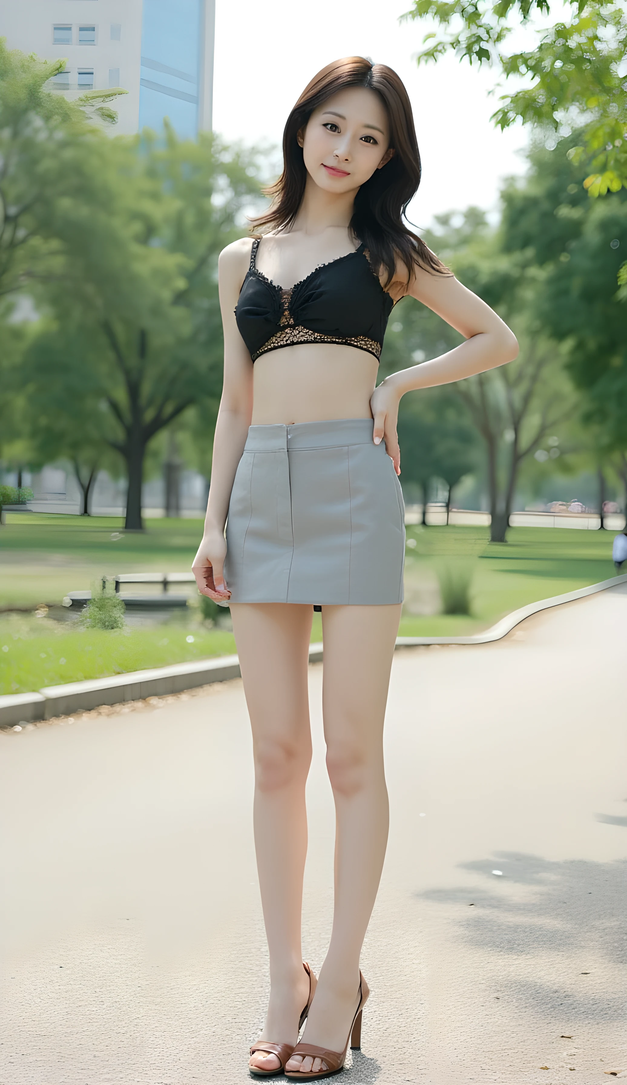 8k, highest resolution, (I'm shooting in an empty park:1.4), standing, (full body image of a Japanese woman:1.3), (beautiful性的なビジネススーツを着ている:1.3), beautiful、very short skirt, I'm wearing brown ankle strap pumps, Smile Yan, Japanese woman with beautiful face, The audience's eyes , cute and pretty eyes , beautiful脚, beautiful顔, gravure photos, Thin fingers