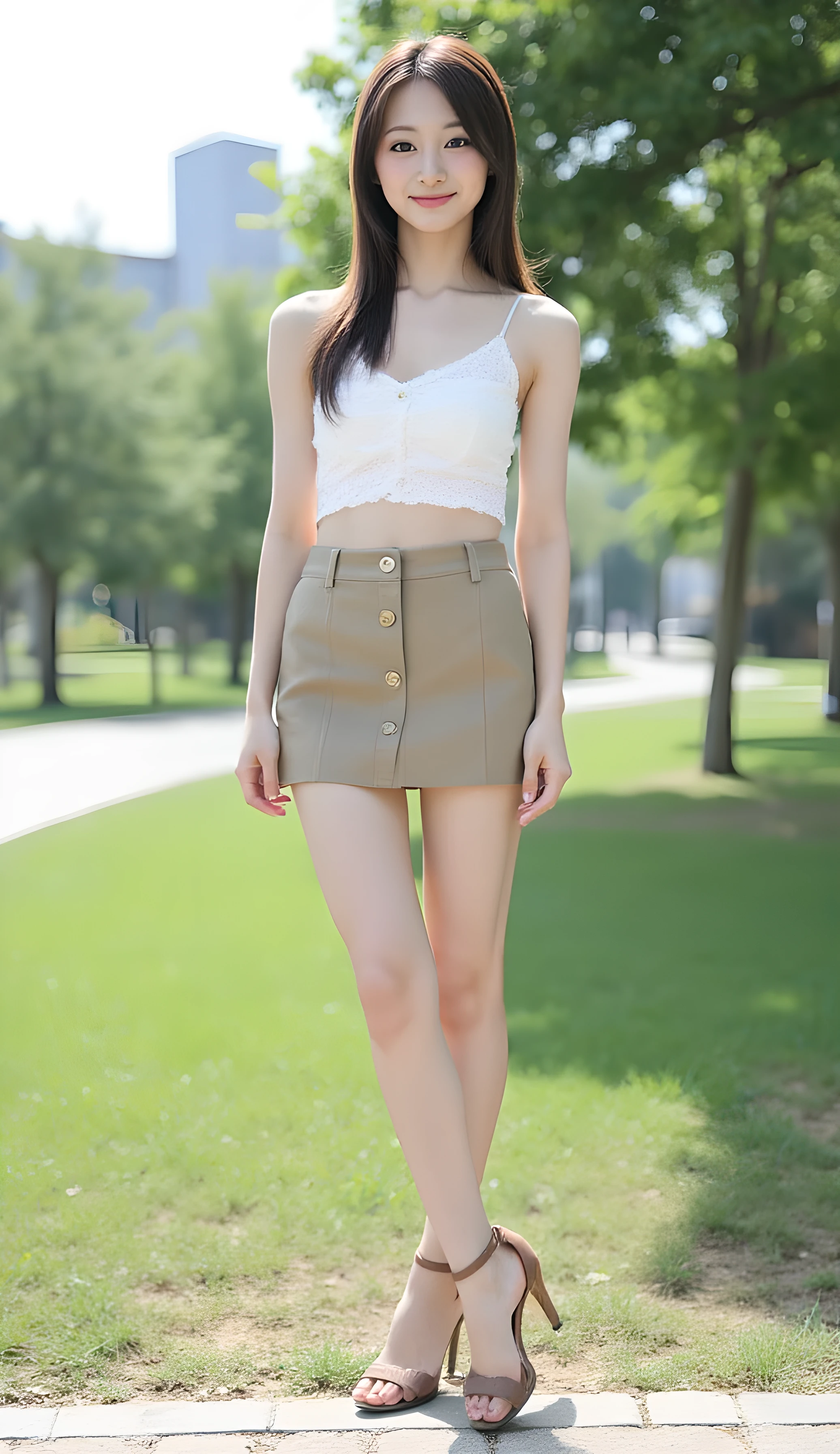 8k, highest resolution, (I'm shooting in an empty park:1.4), standing, (full body image of a Japanese woman:1.3), (beautiful性的なビジネススーツを着ている:1.3), beautiful、very short skirt, I'm wearing brown ankle strap pumps, Smile Yan, Japanese woman with beautiful face, The audience's eyes , cute and pretty eyes , beautiful脚, beautiful顔, gravure photos, Thin fingers