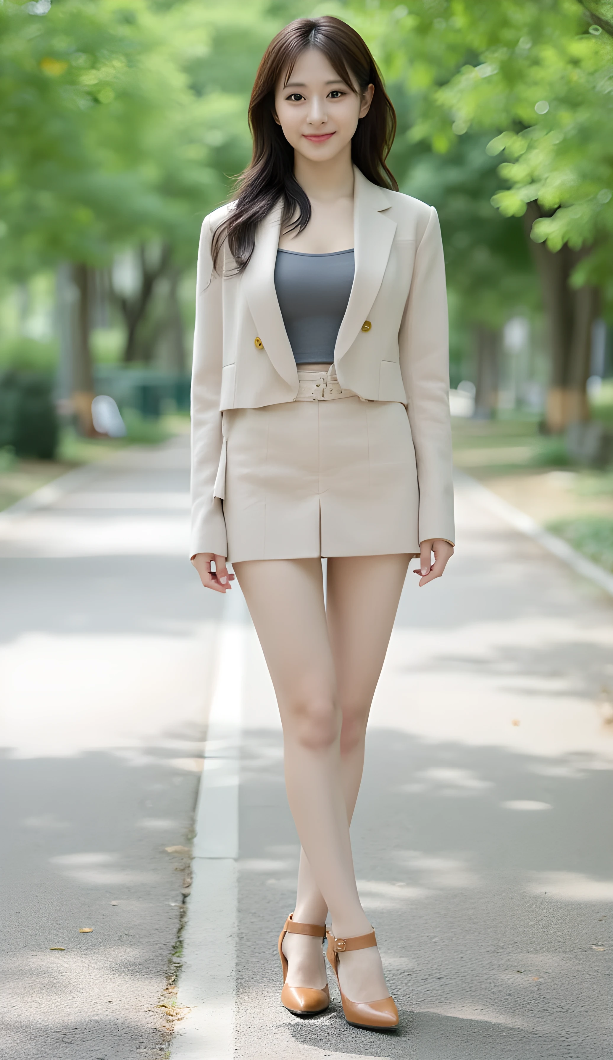 8k, highest resolution, (I'm shooting in an empty park:1.4), standing, (full body image of a Japanese woman:1.3), (beautiful性的なビジネススーツを着ている:1.3), beautiful、very short skirt, I'm wearing brown ankle strap pumps, Smile Yan, Japanese woman with beautiful face, The audience's eyes , cute and pretty eyes , beautiful脚, beautiful顔, gravure photos, Thin fingers