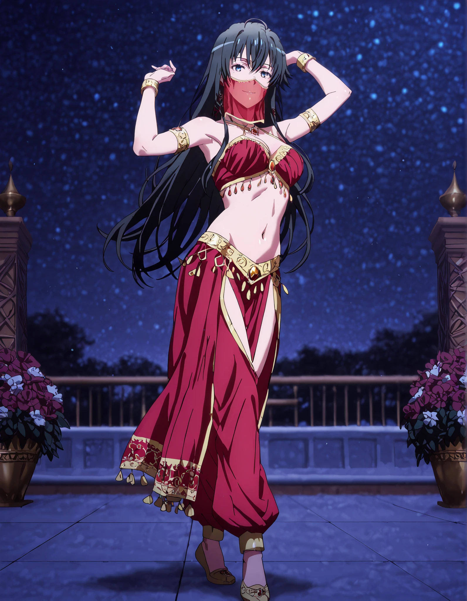 (1girl:1 . 5) , (Seul:1 . 5) , score_9 , score_8_haut , score_7_haut , source_anime , Official work , ultra-detailed , masterpiece , better quality , high resolution , beaux yeux , detailed eyes , Detailed face , beautiful detailed eyes black hair, blue eyes, long hair,My Teen Romantic Comedy SNAFU,Yukino Yukinoshita,Arabian Clothes , Arabian Dancer Outfit ,belly dancer costume,belly dancer outfit ,full body,golden jewelery,mouth veil,armlet, belly dancing,night,arabian garden,seductive smile, dancing with veil, dynamic movement,dance posture, seductive pose